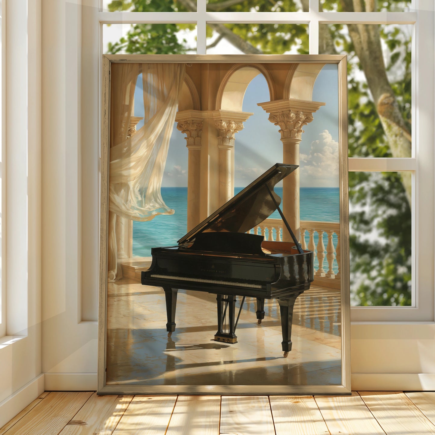 Grand Piano Ocean View Poster, Classical Arches Wall Art, Elegant Music Print