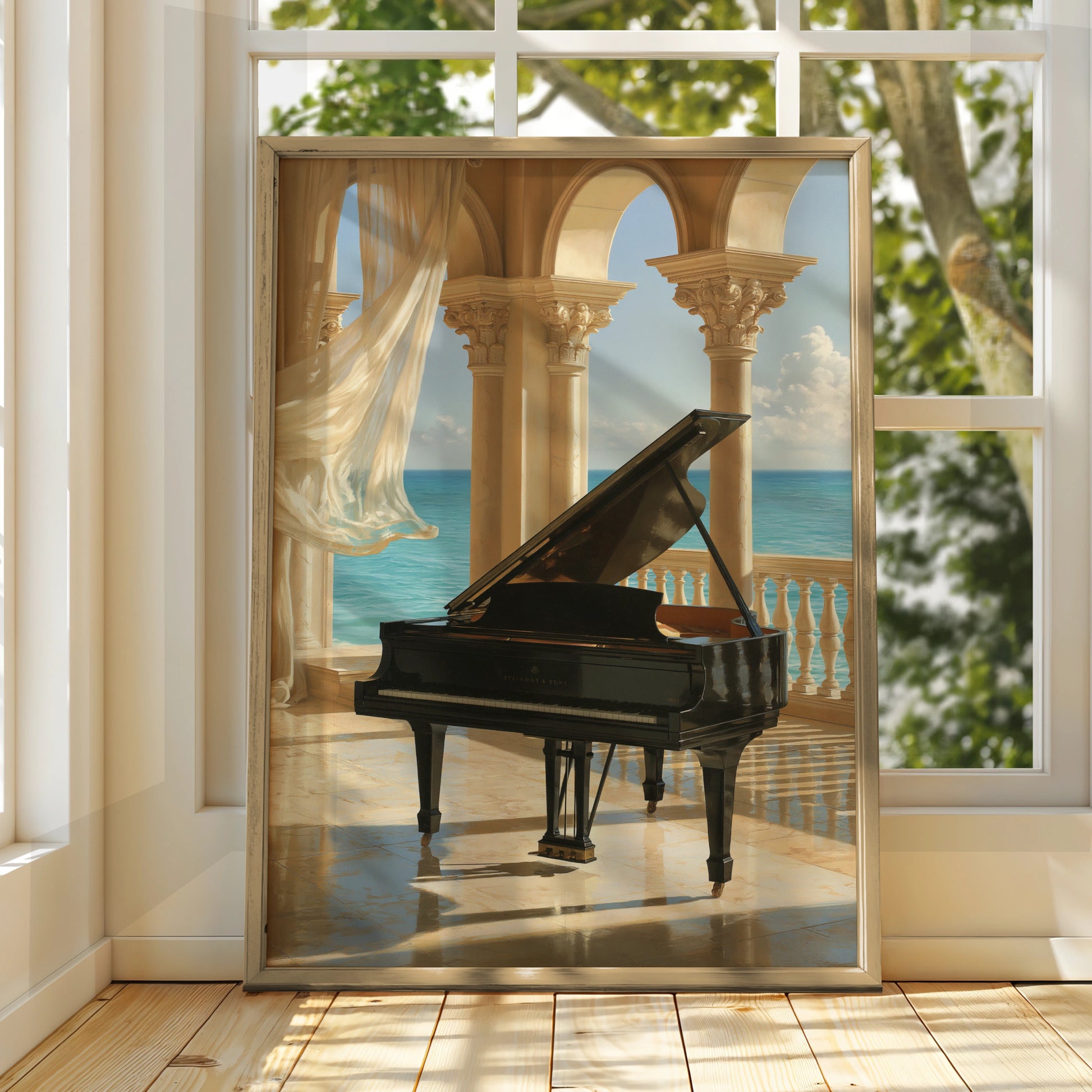 Grand Piano Ocean View Poster, Classical Arches Wall Art, Elegant Music Print