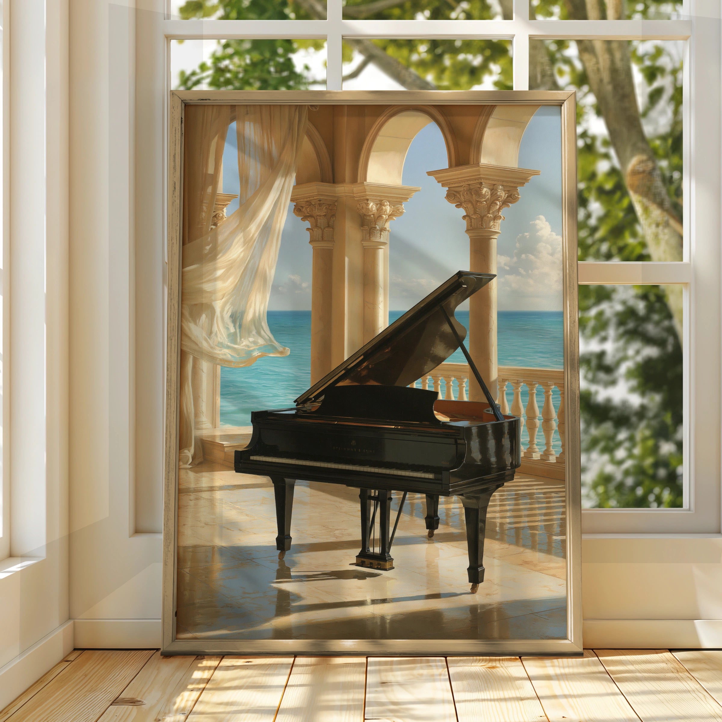 Grand Piano Ocean View Poster, Classical Arches Wall Art, Elegant Music Print