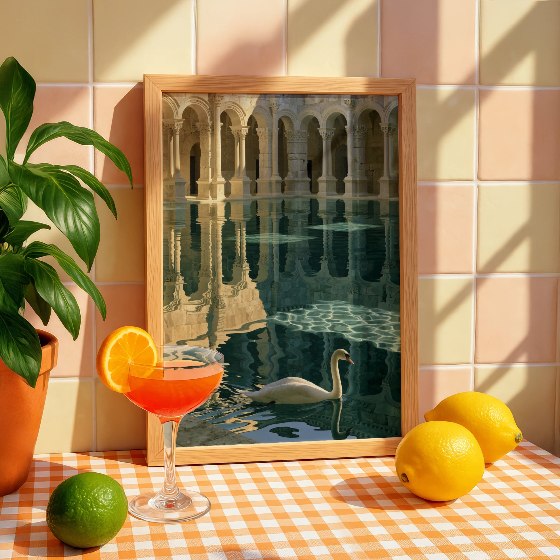 Swan Roman Bath Poster, Classical Architecture Print, Teal Gold Wall Art