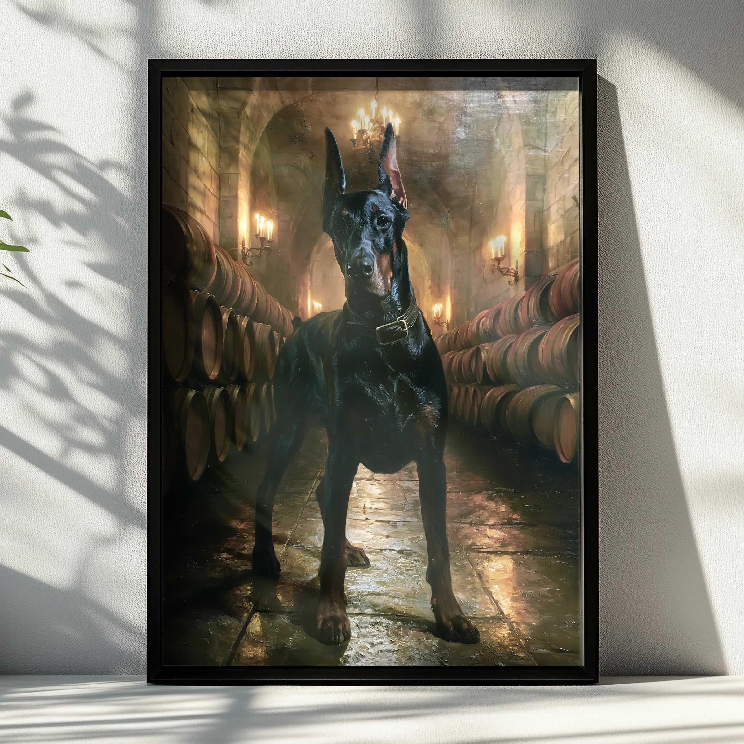 Dobermann Wine Cellar Poster, Classic Oil Painting Style, Dark Dog Art