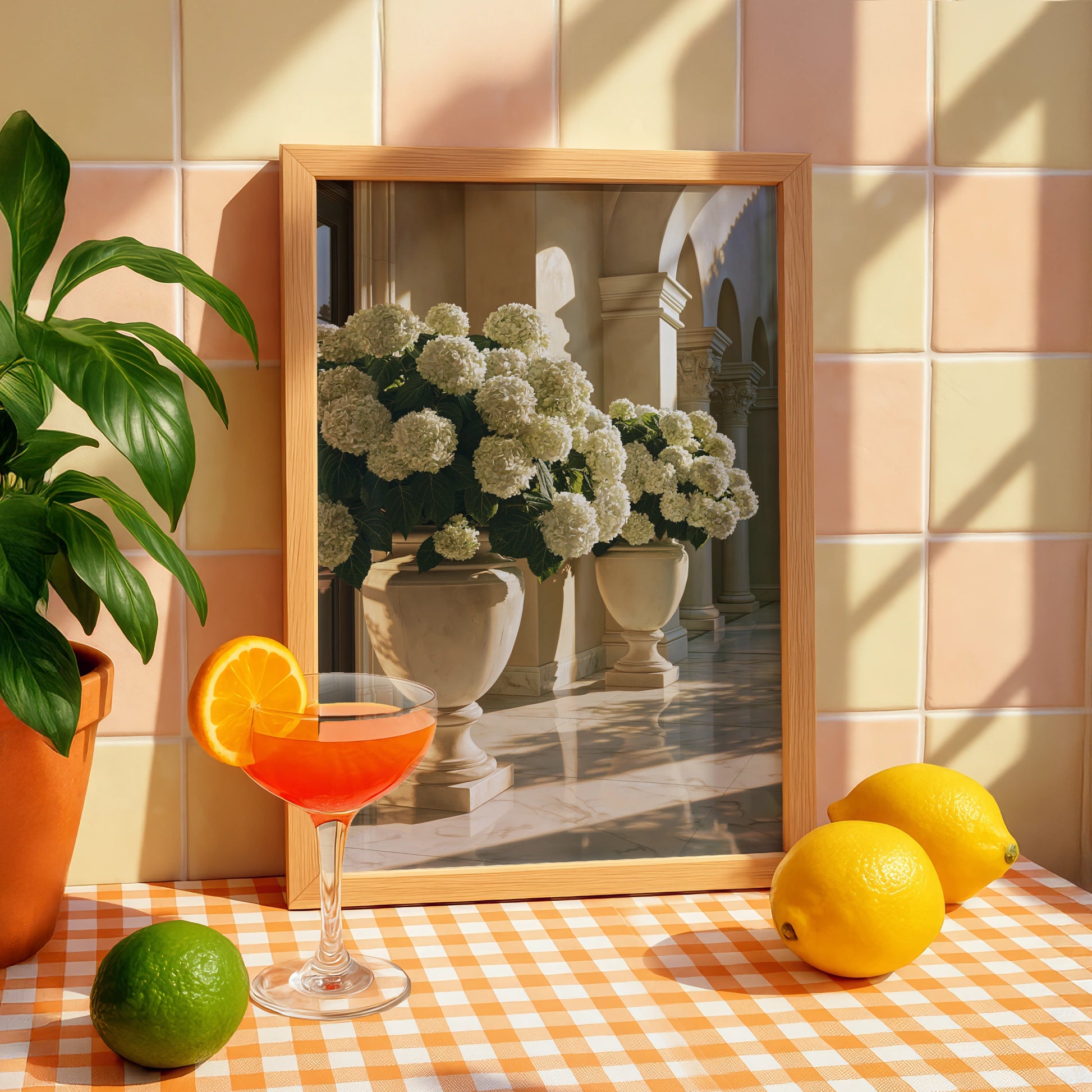 White Hydrangeas in Stone Urns, Classical Colonnade Wall Art Poster