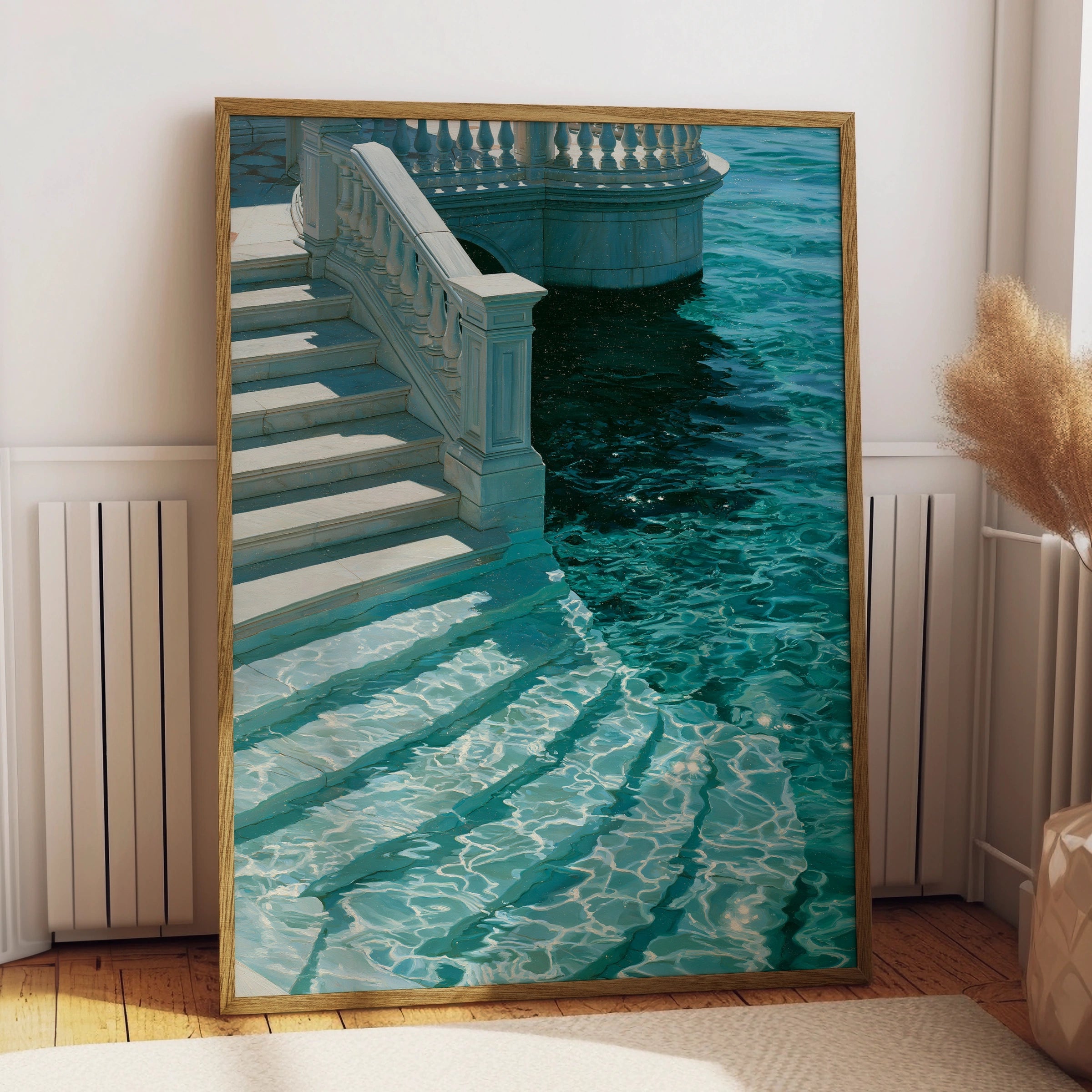 Marble Stairs Water Poster, Teal Venice Canal Wall Art, Classical Architecture Print