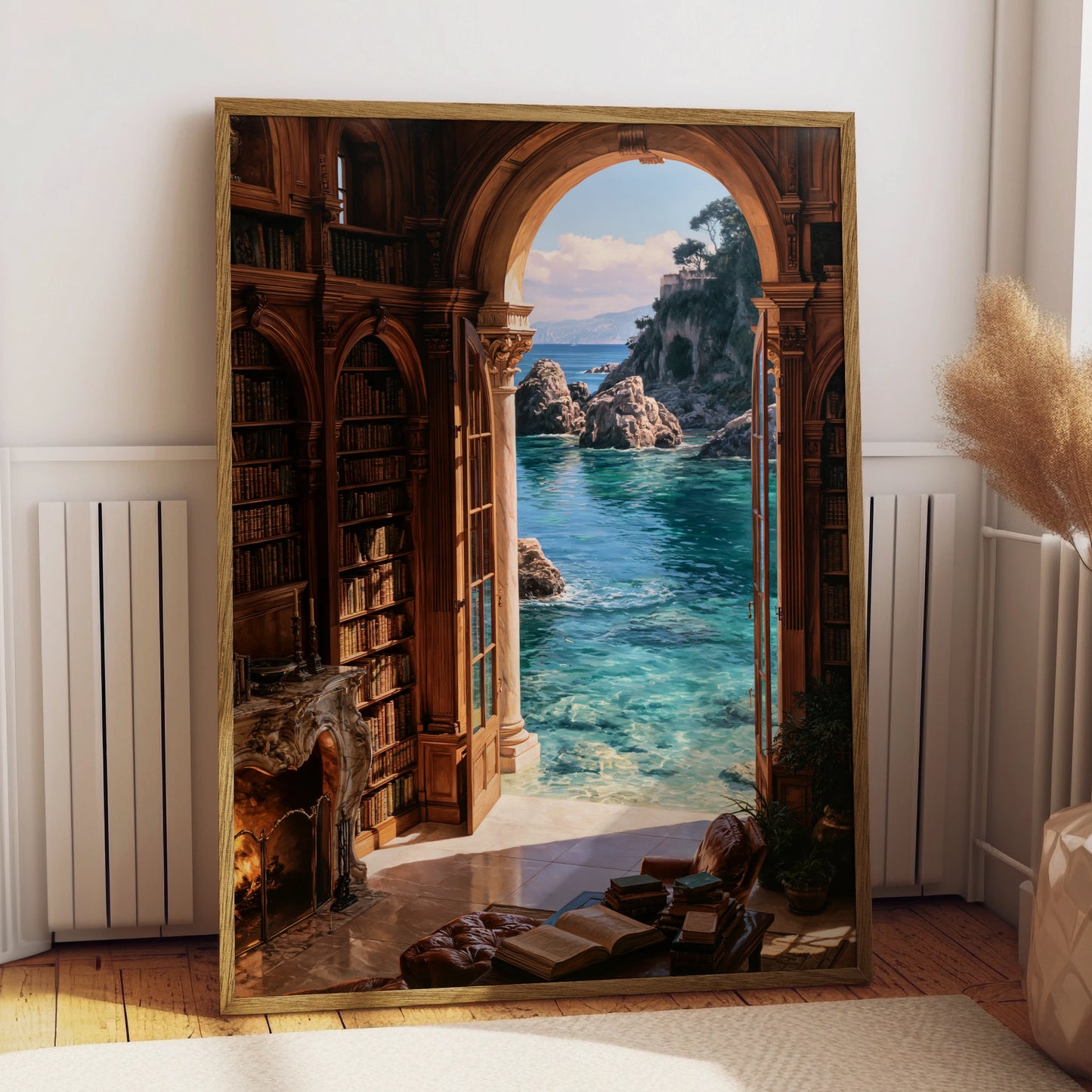 Beach Library Poster, Coastal Bookshelf Arch Wall Art, Dreamy Ocean View Print