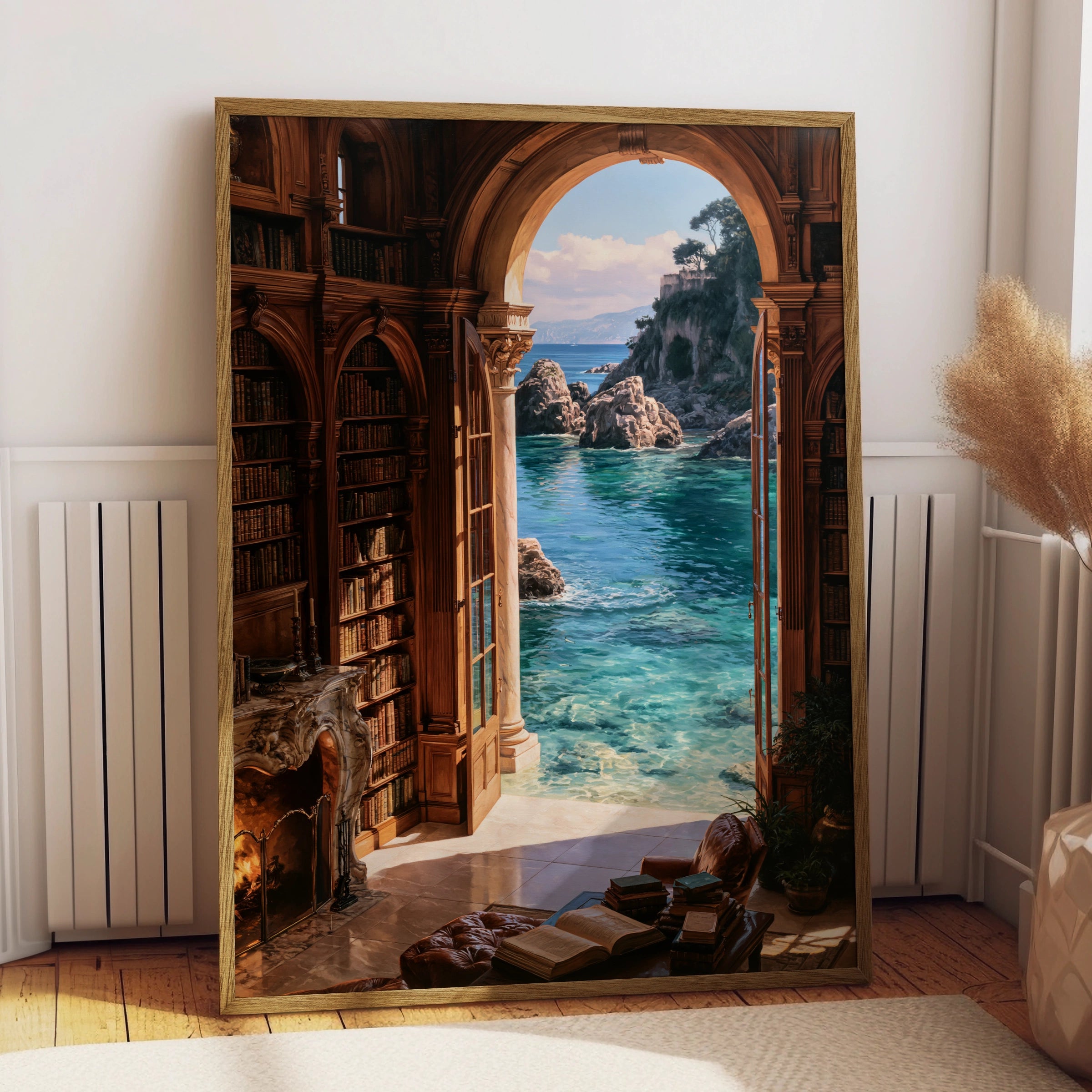 Beach Library Poster, Coastal Bookshelf Arch Wall Art, Dreamy Ocean View Print