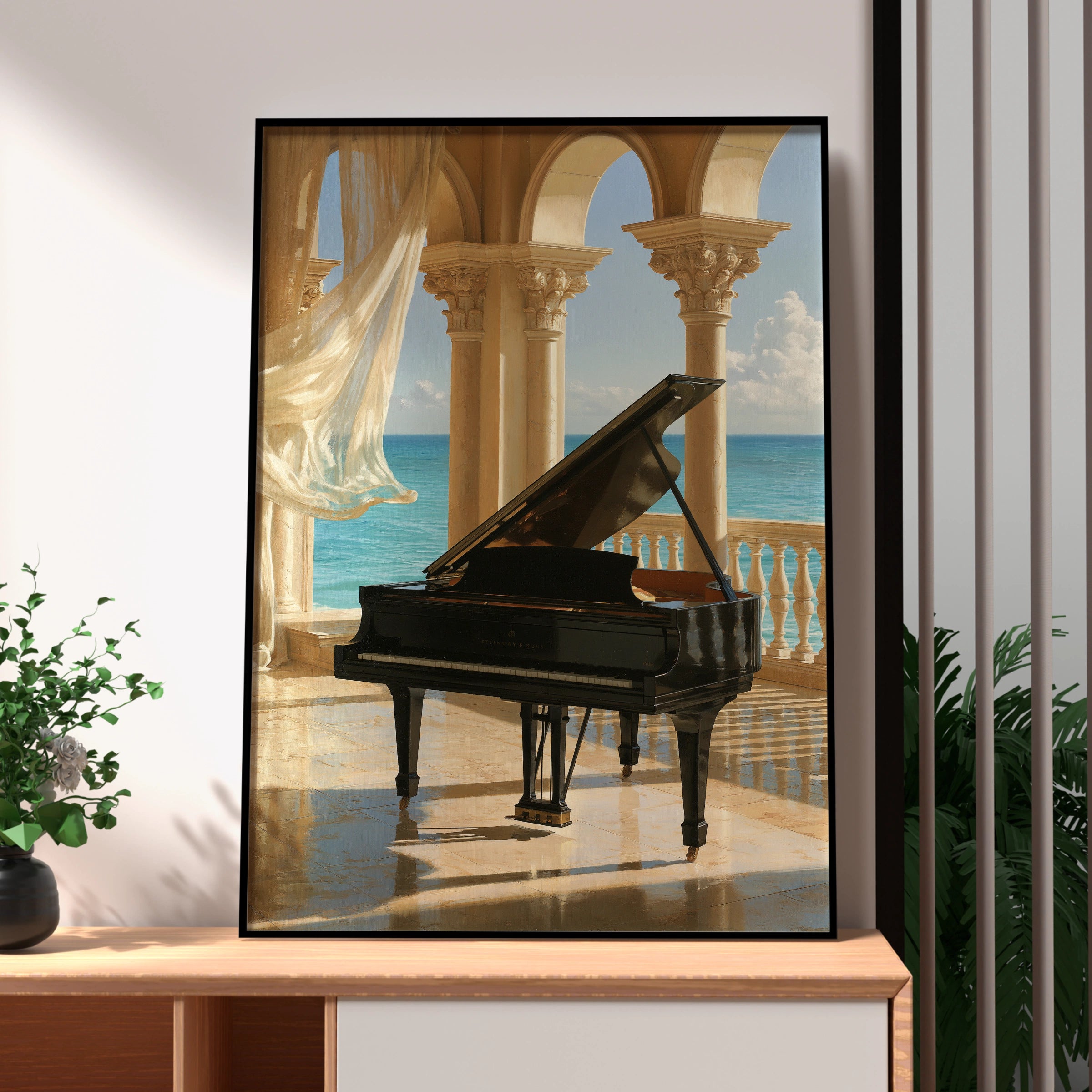 Grand Piano Ocean View Poster, Classical Arches Wall Art, Elegant Music Print