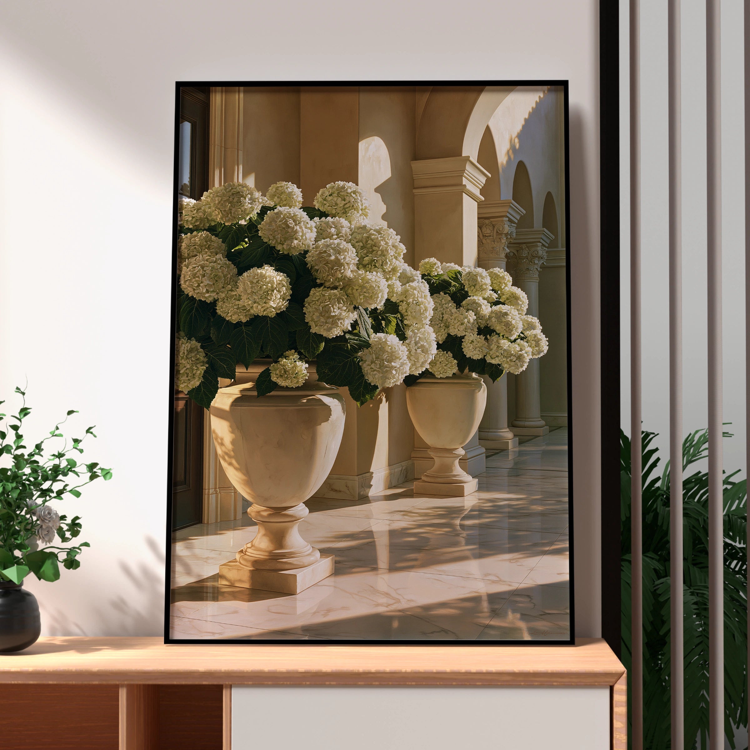 White Hydrangeas in Stone Urns, Classical Colonnade Wall Art Poster