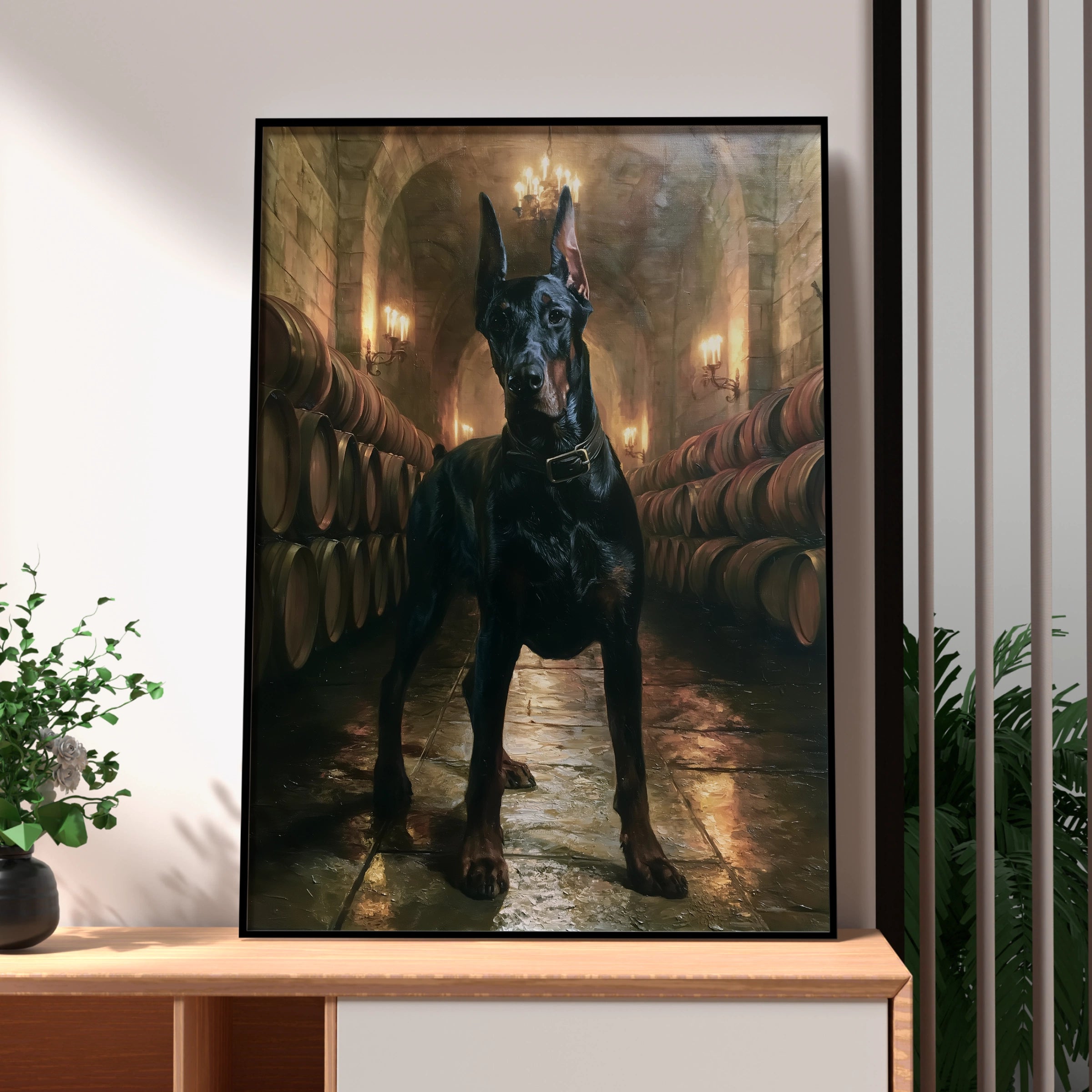 Dobermann Wine Cellar Poster, Classic Oil Painting Style, Dark Dog Art