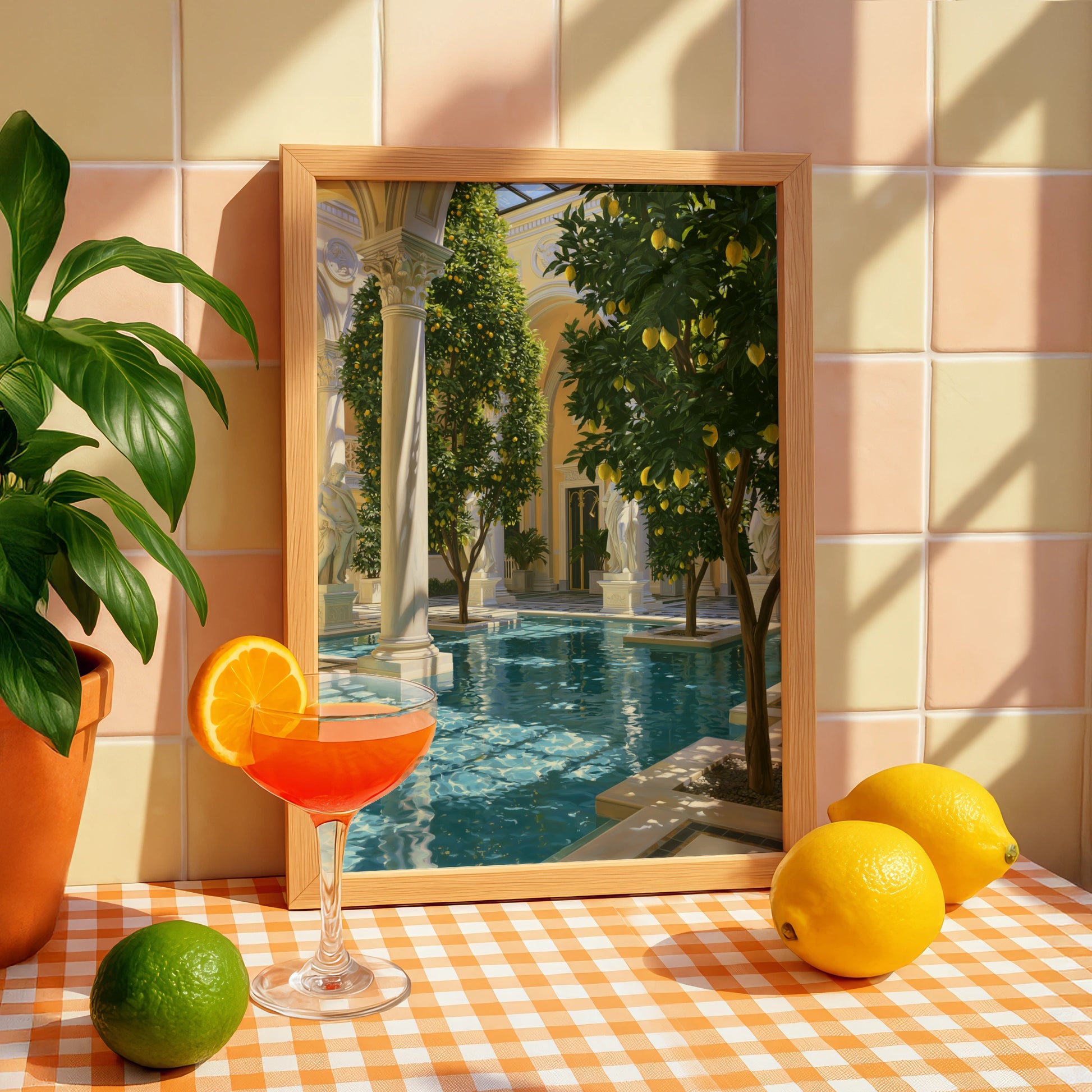Lemon Tree Pool Courtyard Poster, Classical Architecture, Mediterranean Art Print