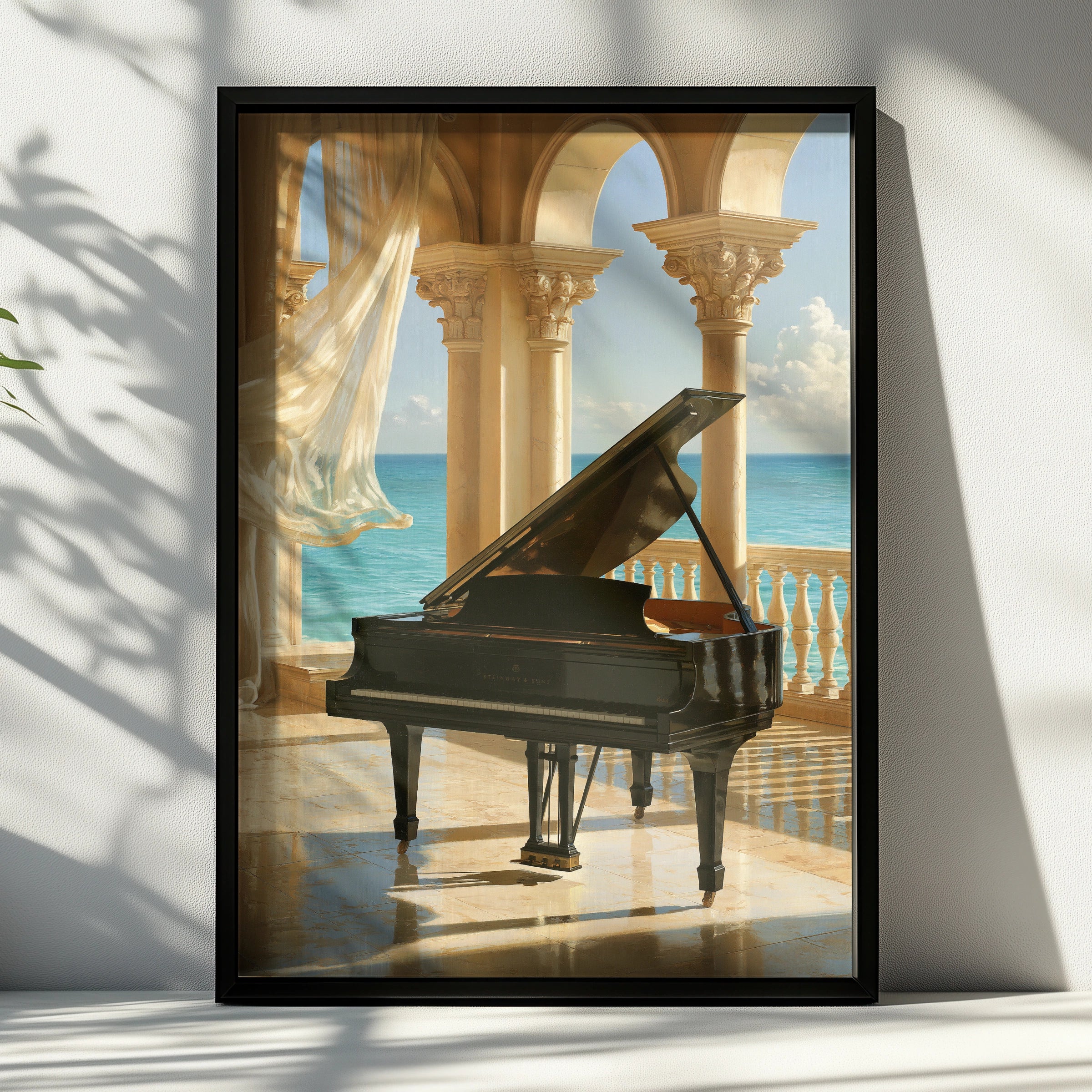 Grand Piano Ocean View Poster, Classical Arches Wall Art, Elegant Music Print