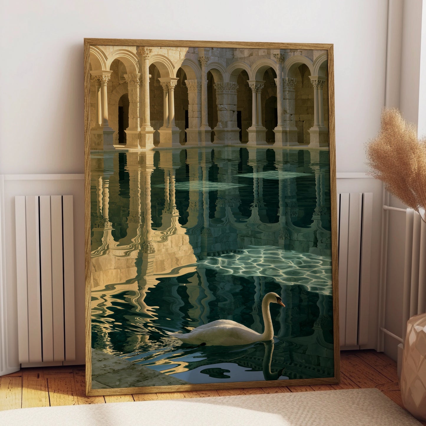 Swan Roman Bath Poster, Classical Architecture Print, Teal Gold Wall Art