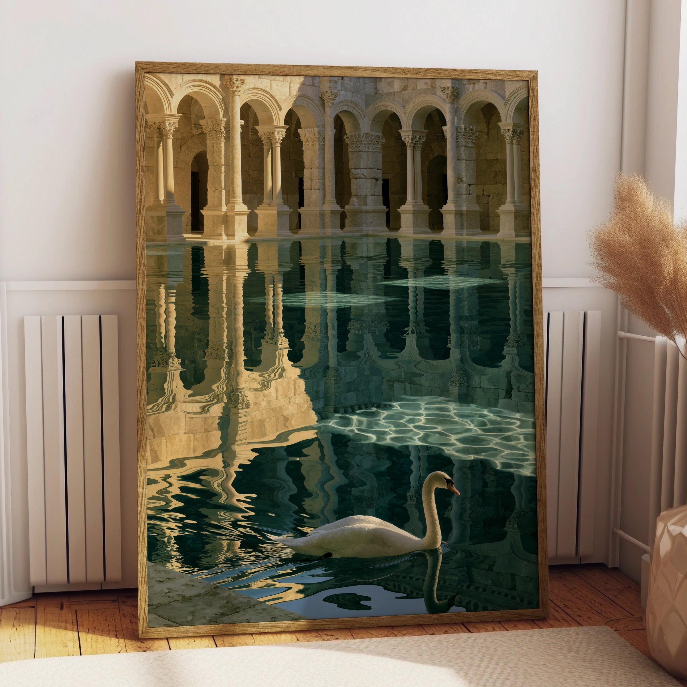 Swan Roman Bath Poster, Classical Architecture Print, Teal Gold Wall Art