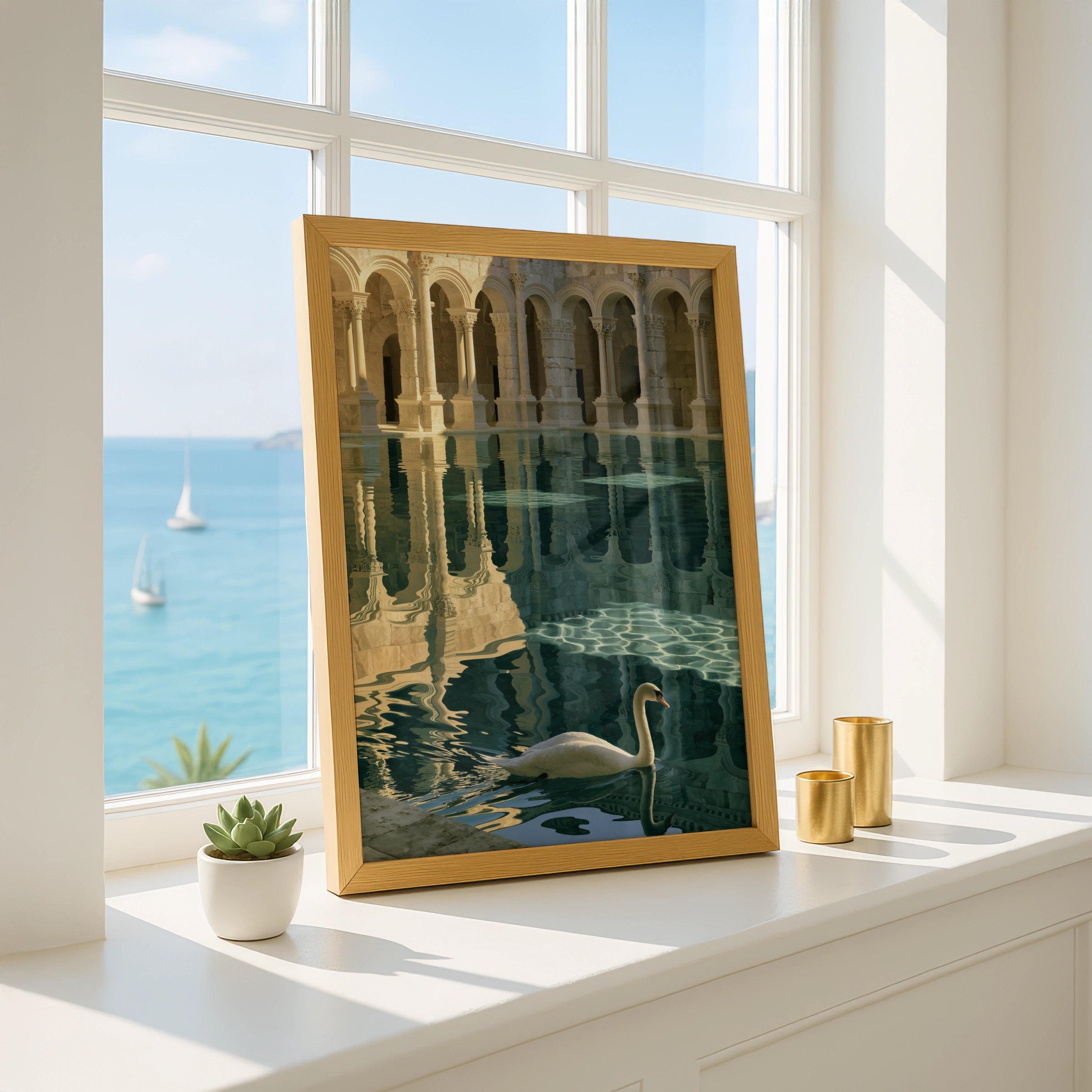 Swan Roman Bath Poster, Classical Architecture Print, Teal Gold Wall Art
