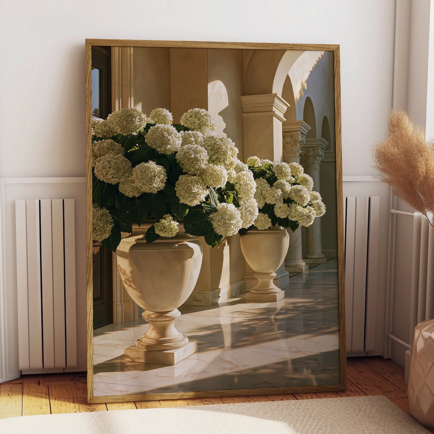 White Hydrangeas in Stone Urns, Classical Colonnade Wall Art Poster
