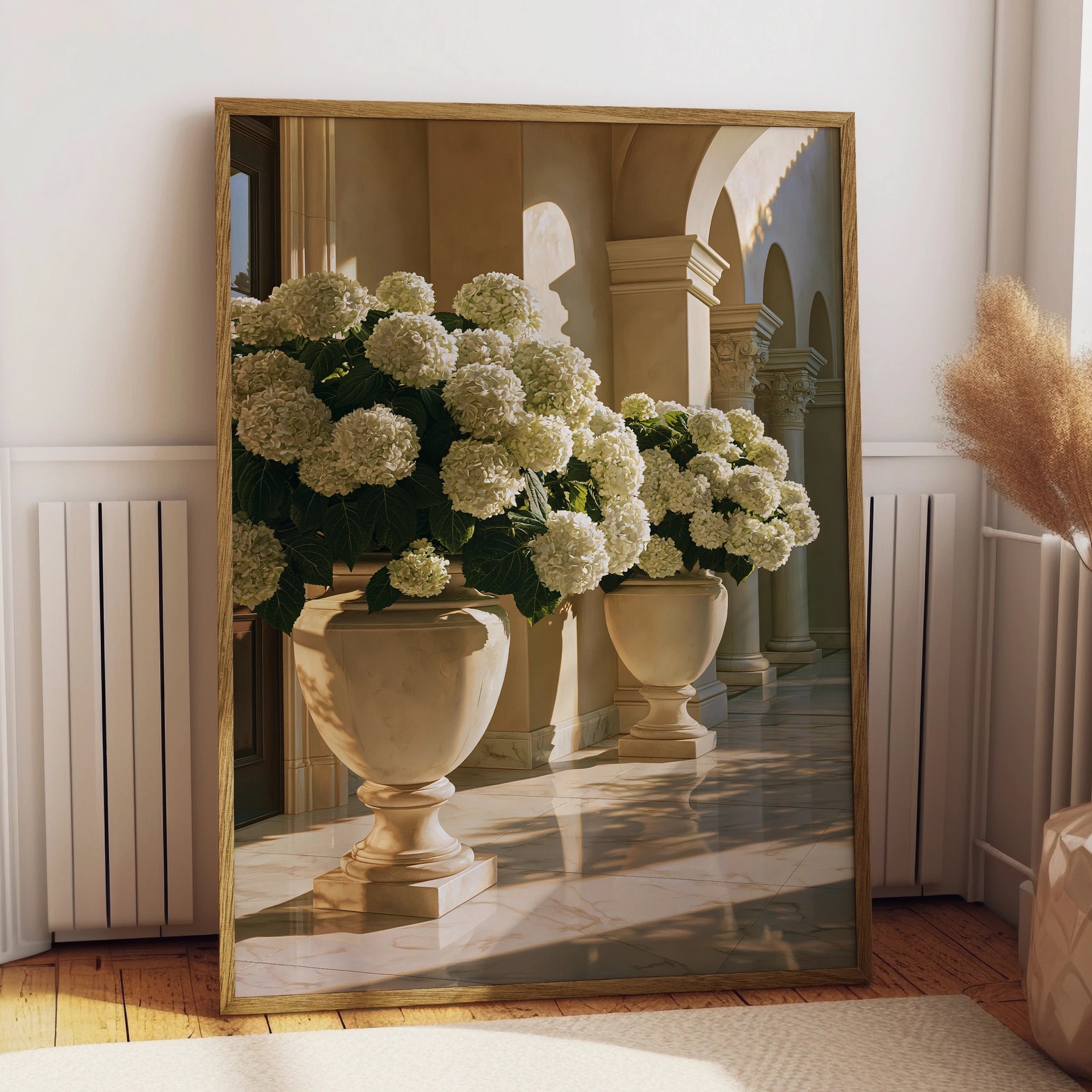 White Hydrangeas in Stone Urns, Classical Colonnade Wall Art Poster