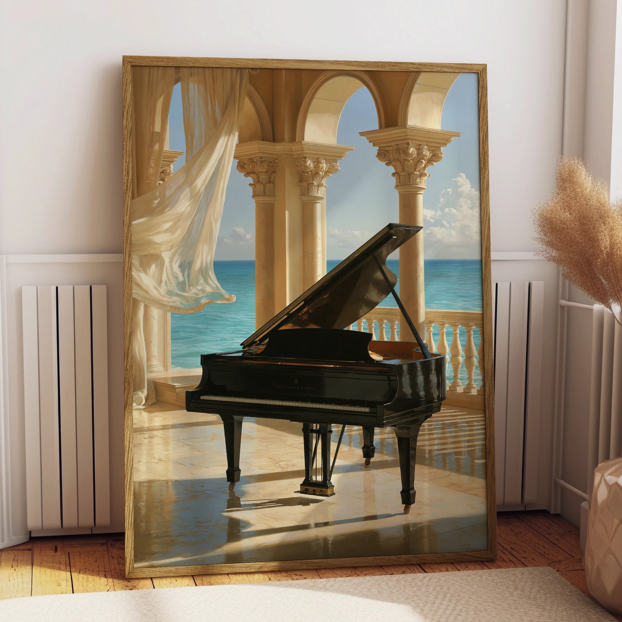 Grand Piano Ocean View Poster, Classical Arches Wall Art, Elegant Music Print