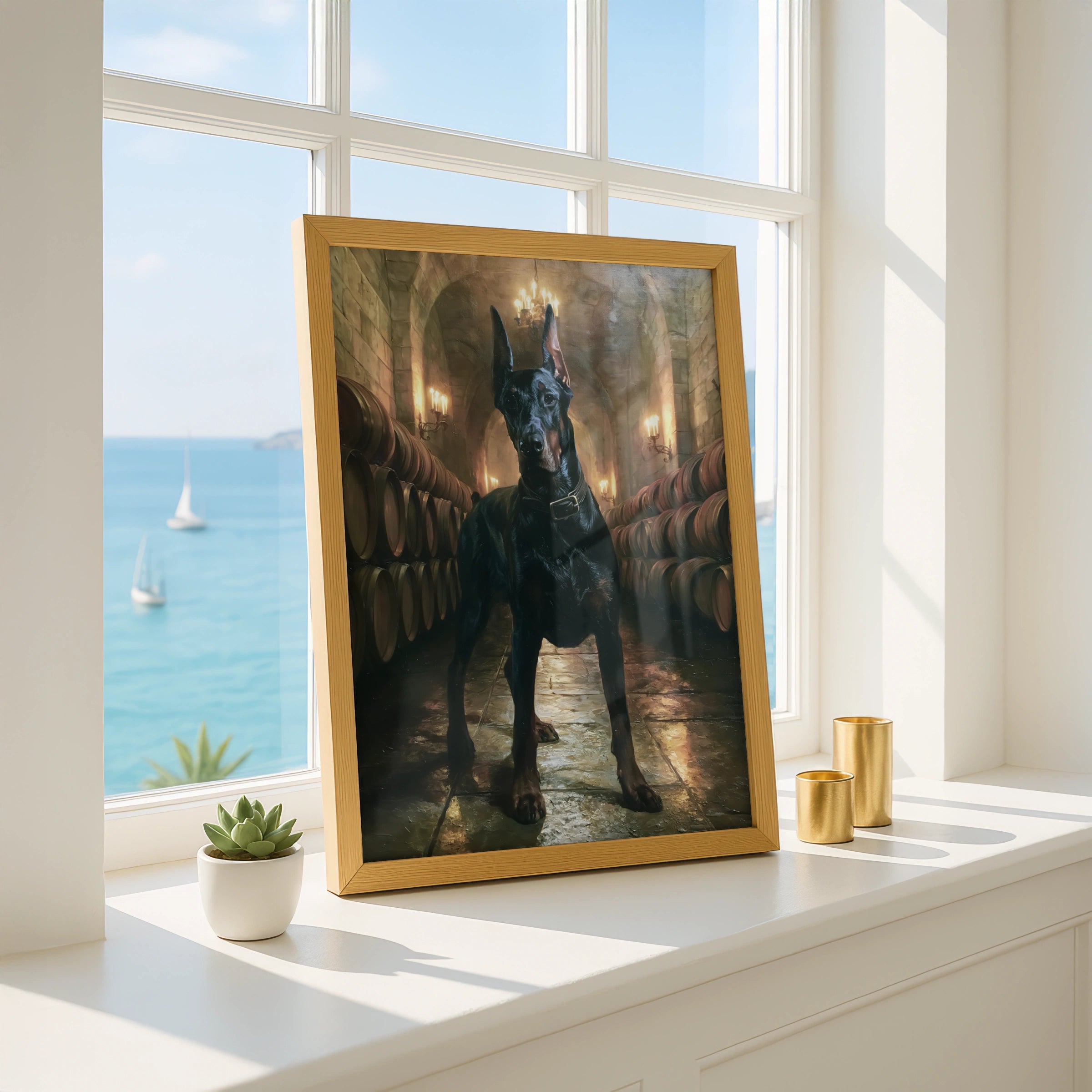Dobermann Wine Cellar Poster, Classic Oil Painting Style, Dark Dog Art