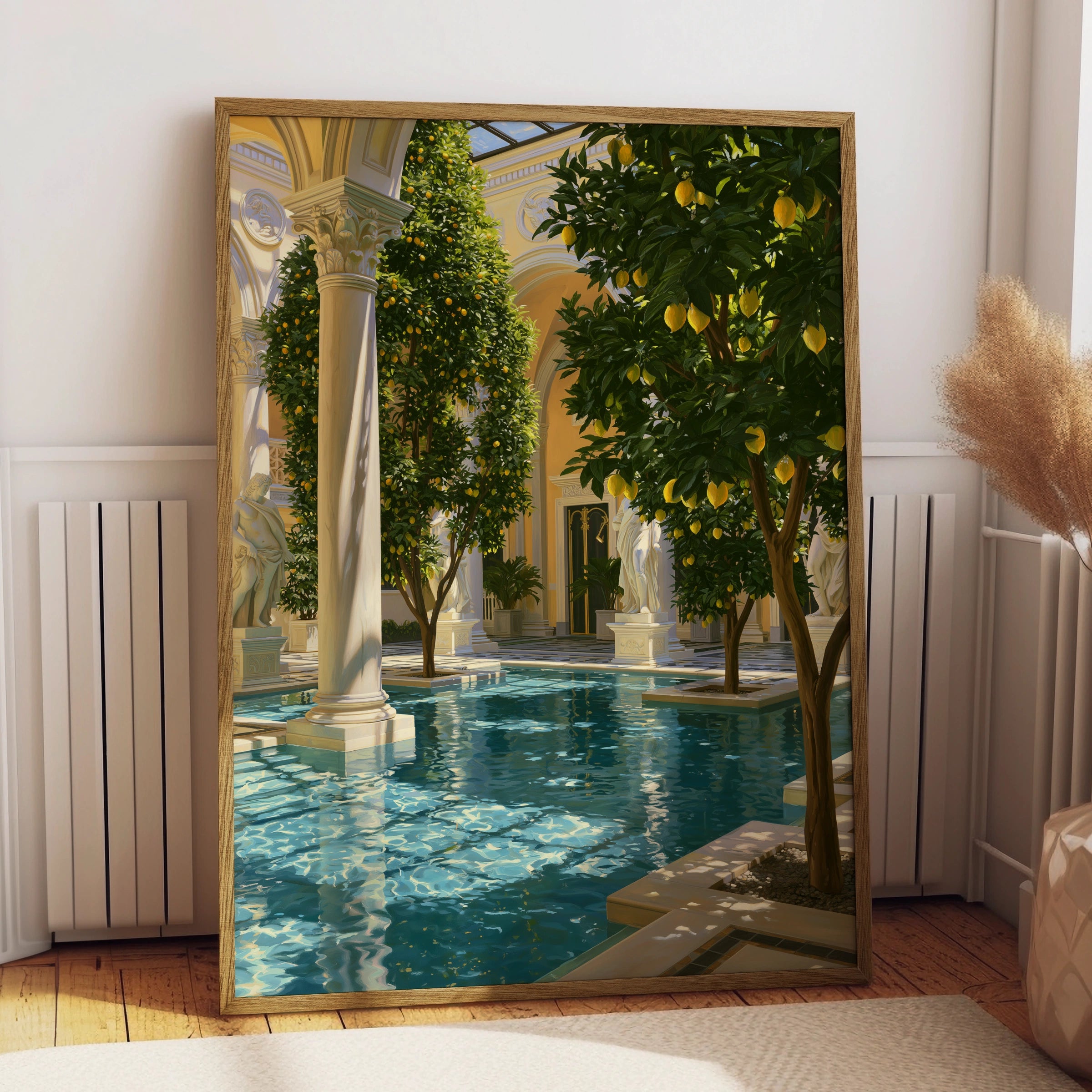Lemon Tree Pool Courtyard Poster, Classical Architecture, Mediterranean Art Print