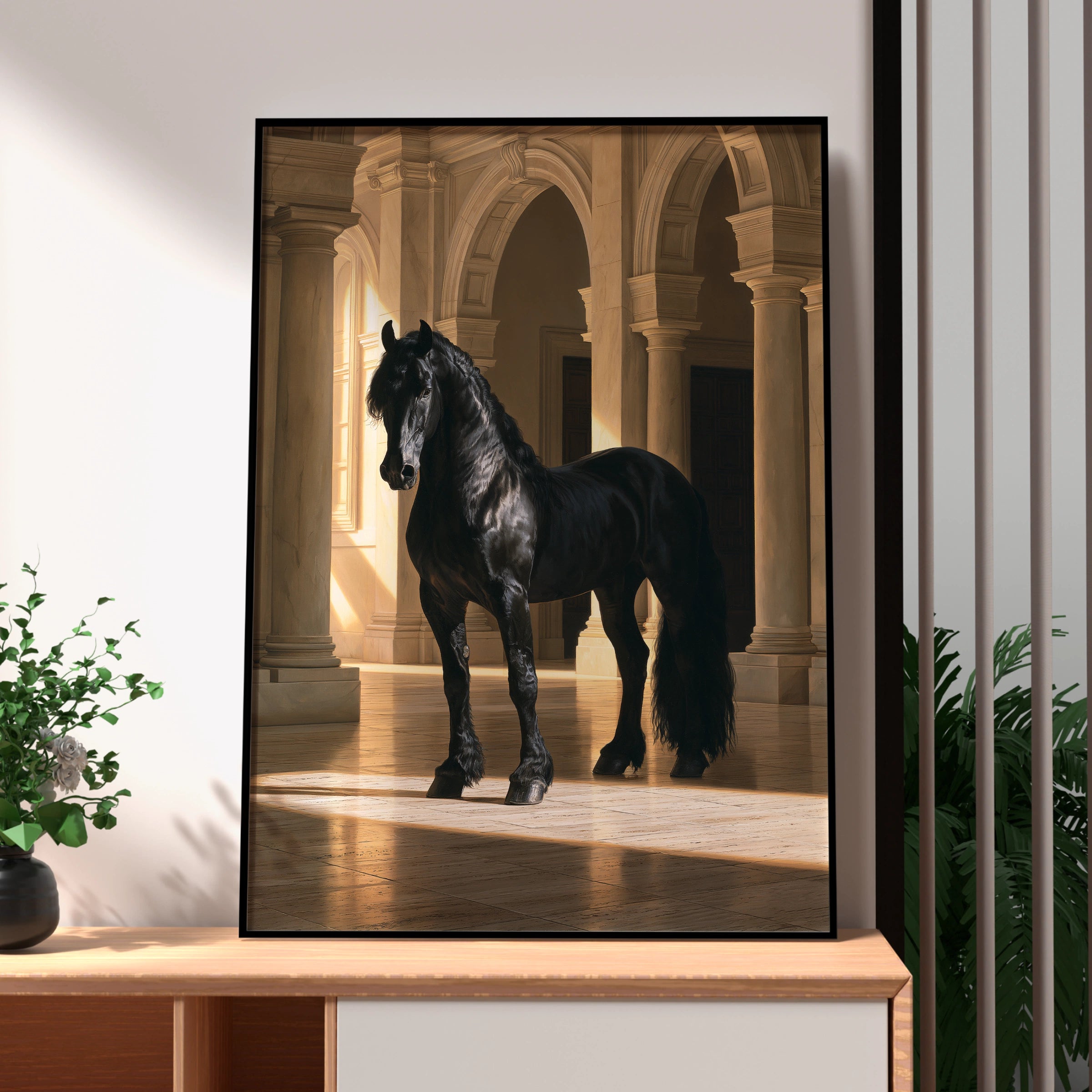 Black Stallion Grand Hall Poster, Friesian Horse Art, Dramatic Equine Print