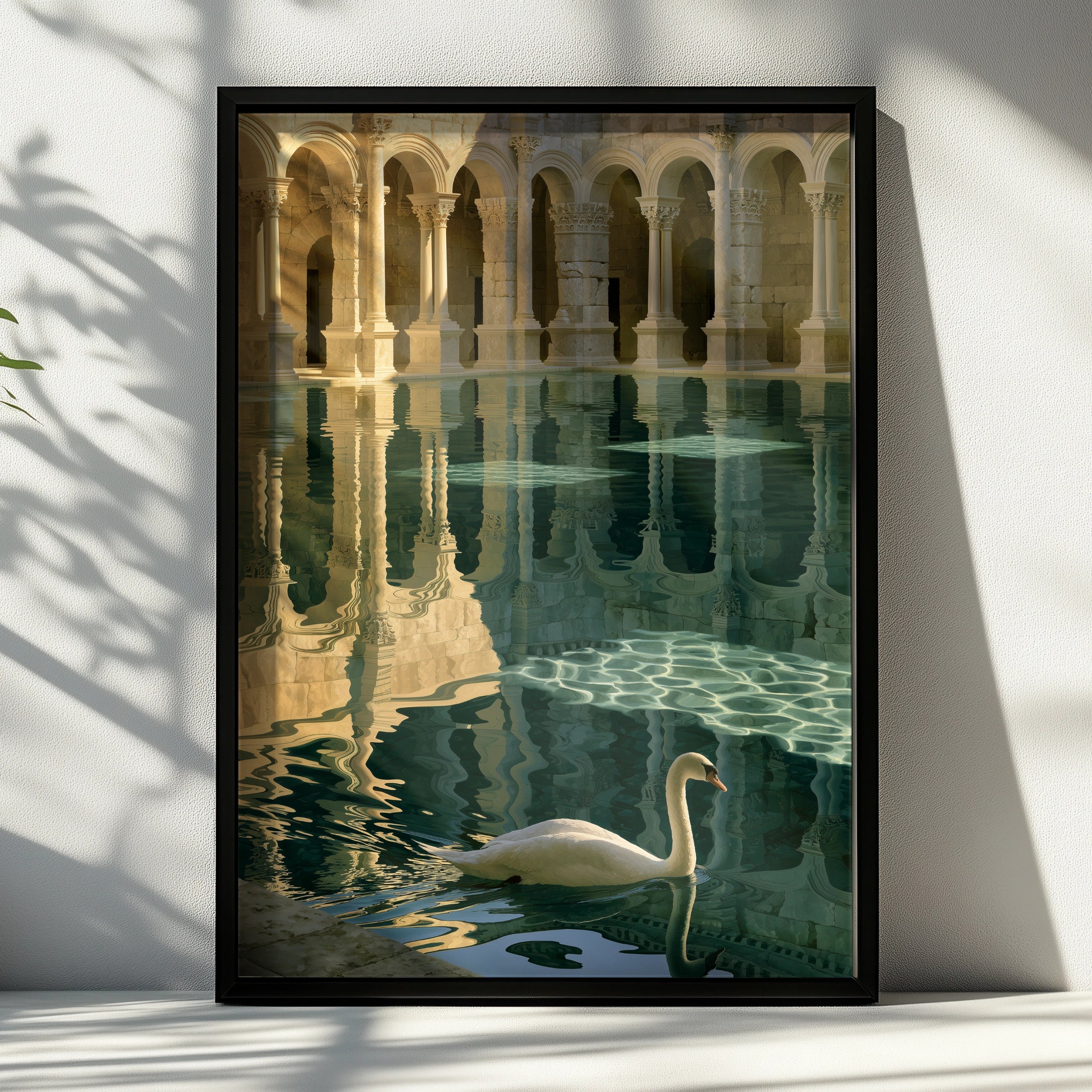 Swan Roman Bath Poster, Classical Architecture Print, Teal Gold Wall Art