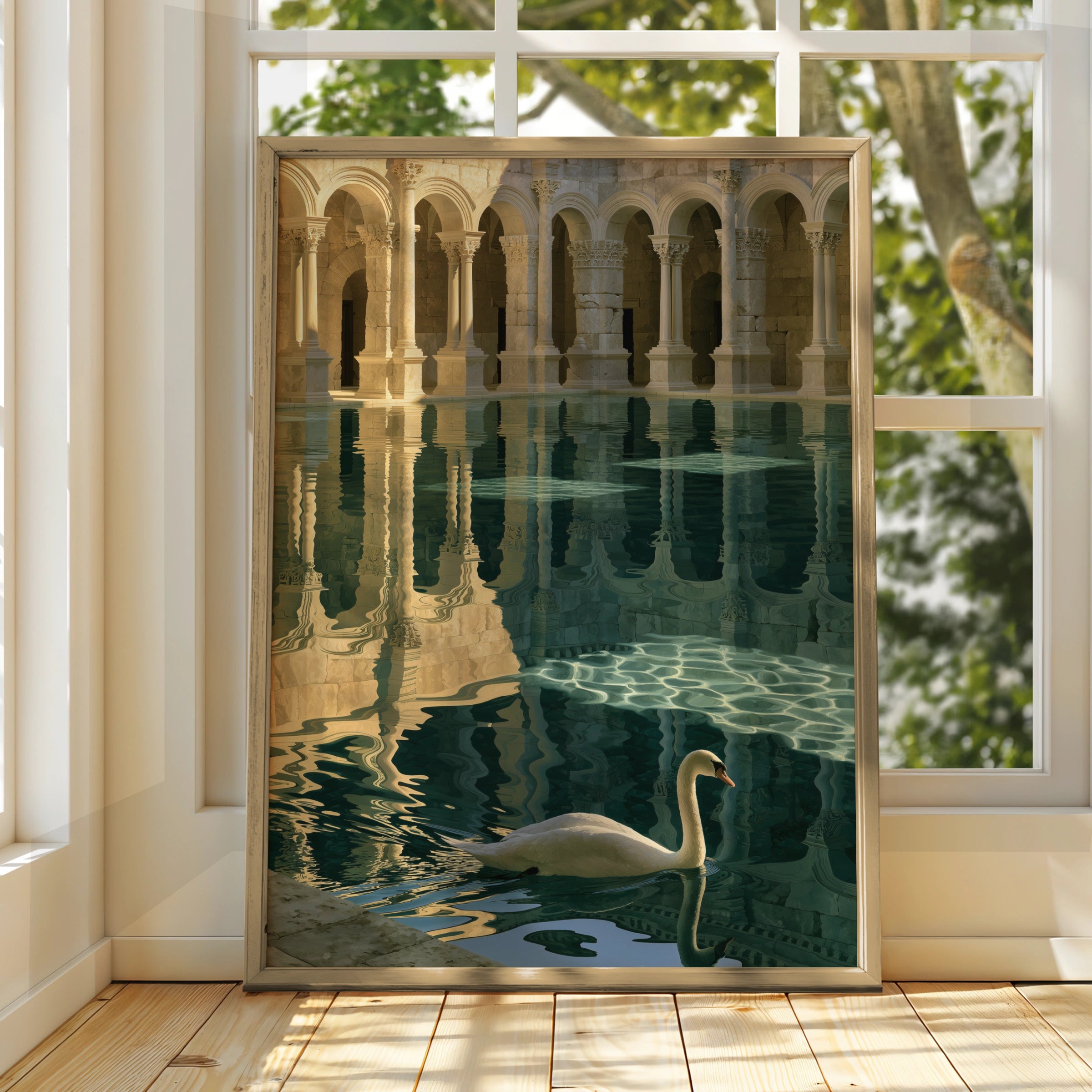 Swan Roman Bath Poster, Classical Architecture Print, Teal Gold Wall Art