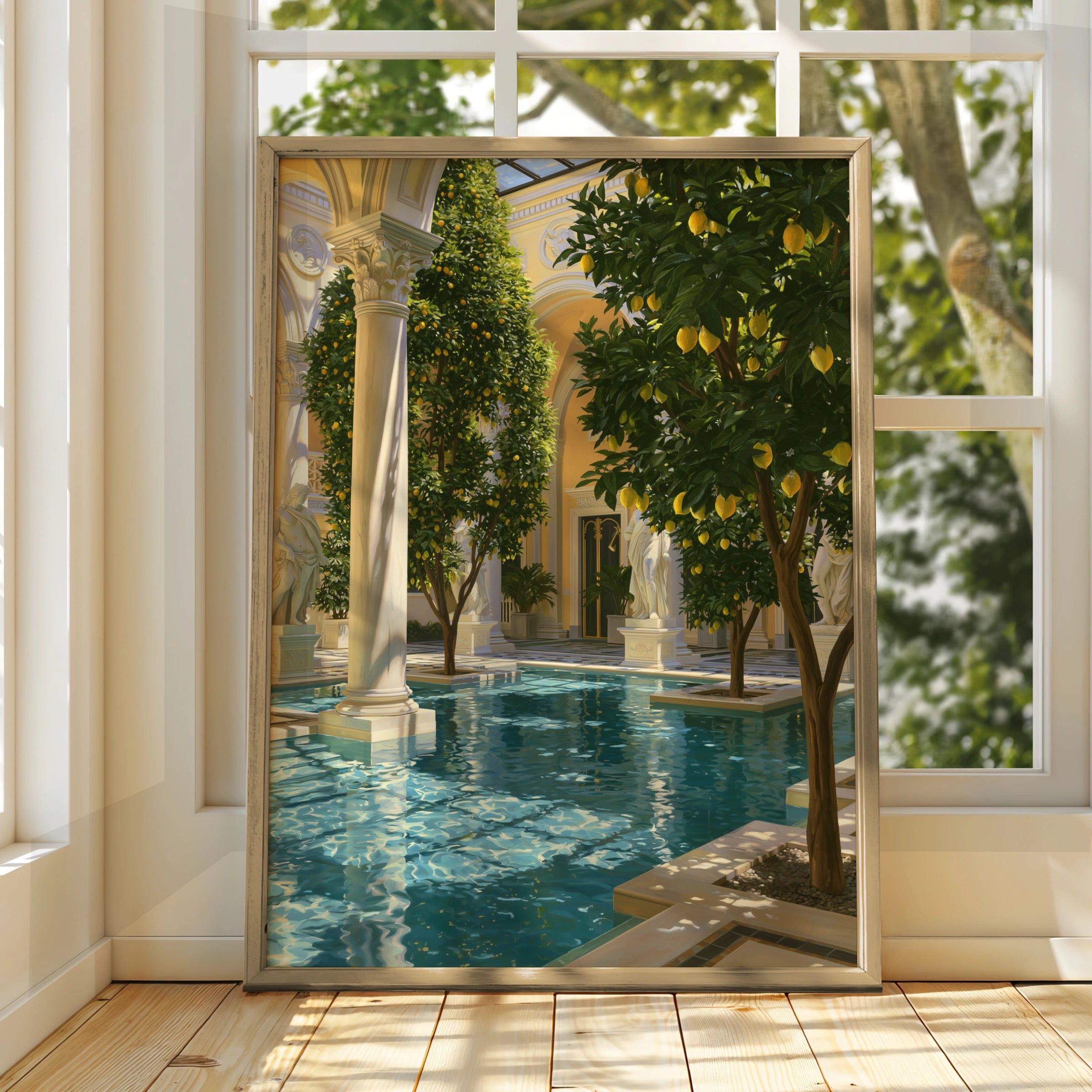 Lemon Tree Pool Courtyard Poster, Classical Architecture, Mediterranean Art Print
