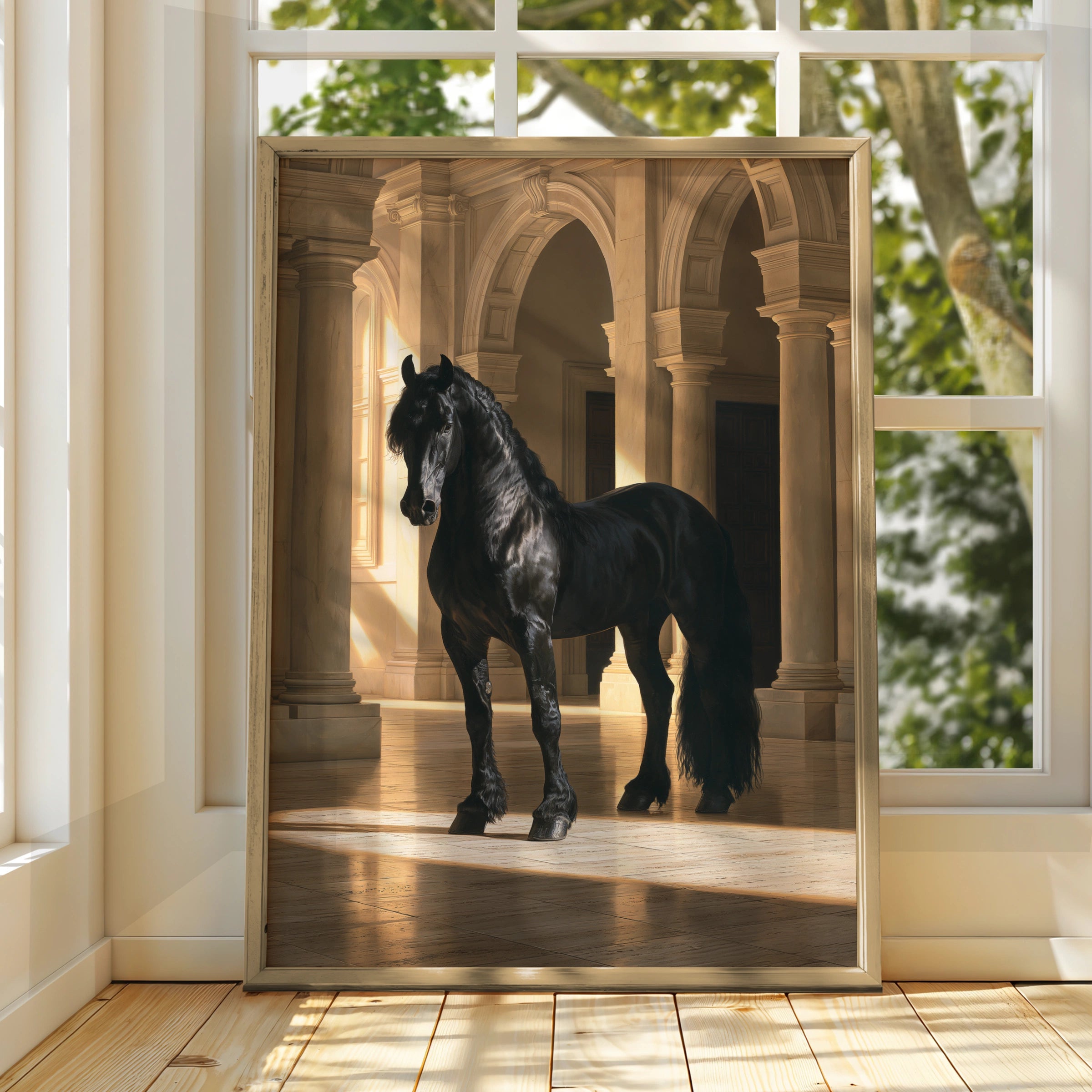 Black Stallion Grand Hall Poster, Friesian Horse Art, Dramatic Equine Print