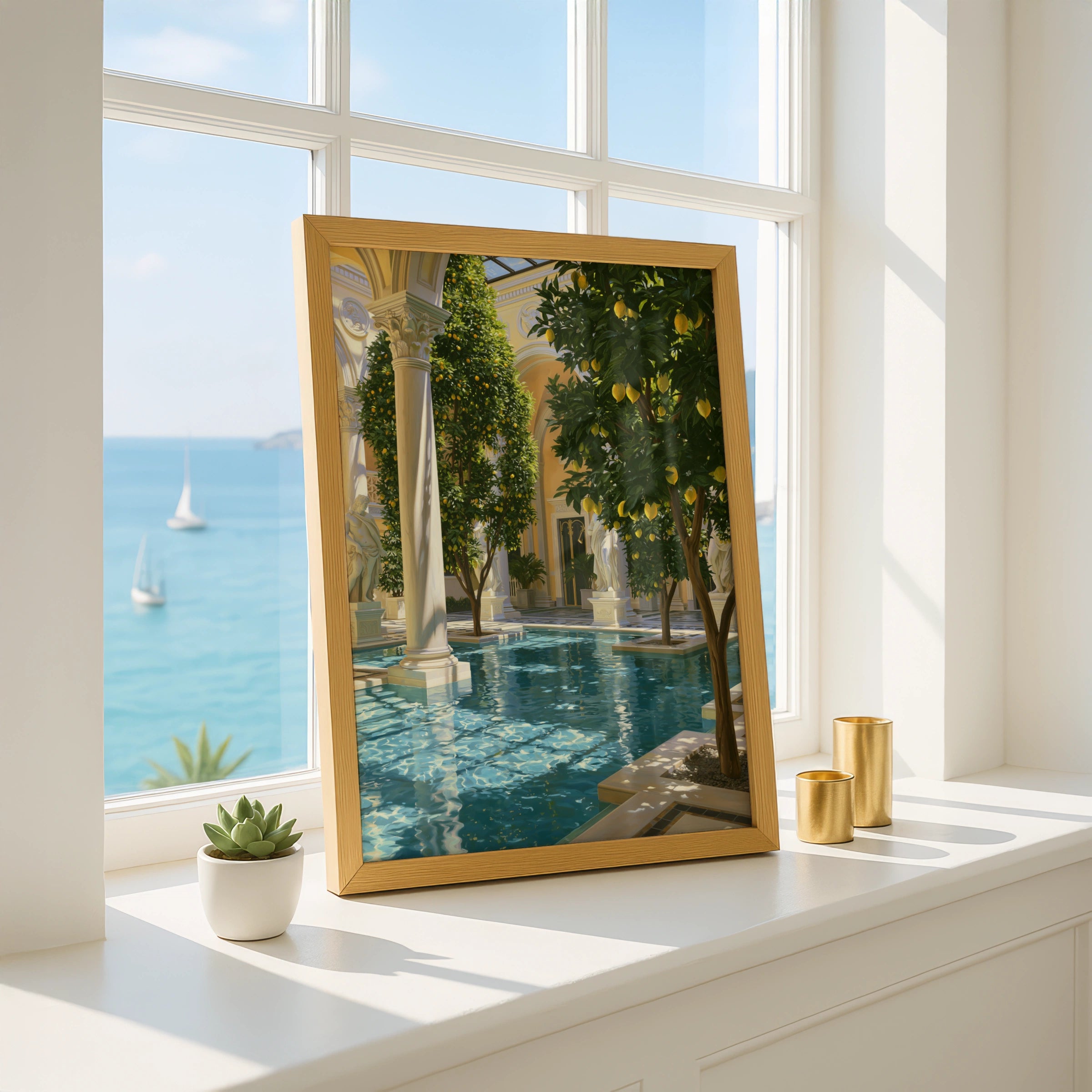 Lemon Tree Pool Courtyard Poster, Classical Architecture, Mediterranean Art Print