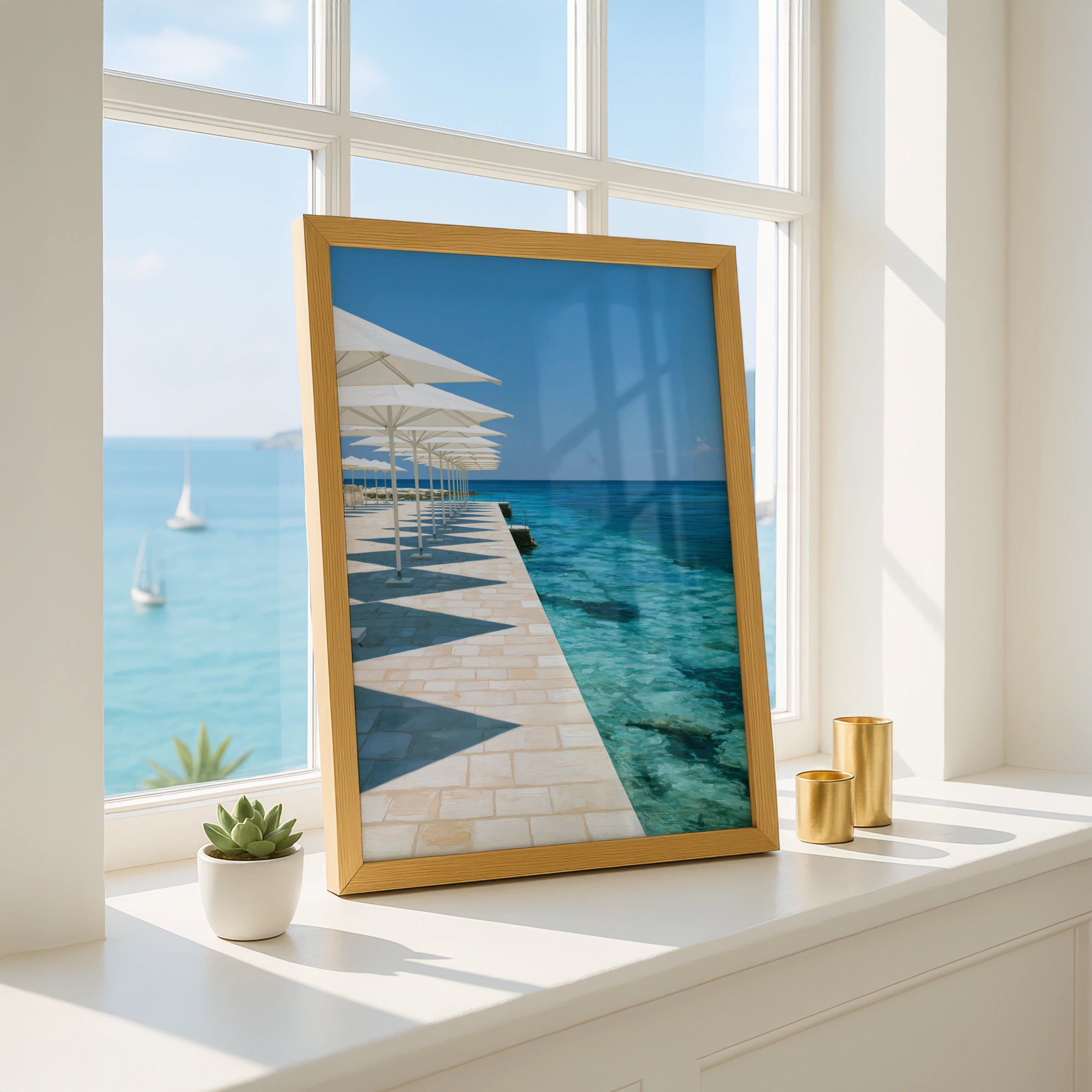 Beach Parasols Symmetry Poster, Mediterranean Seafront, Coastal Wall Art Print