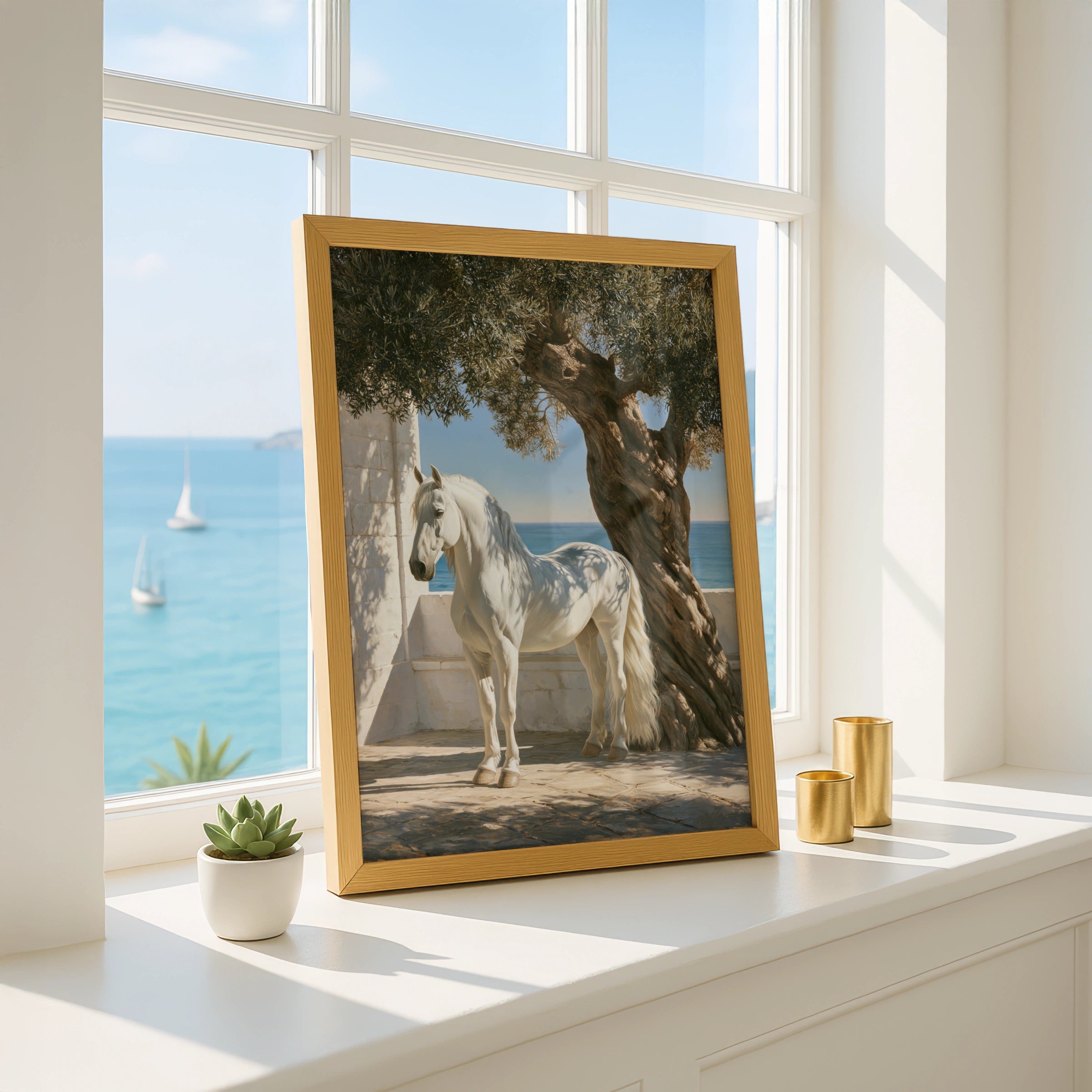 White Stallion Olive Tree Mediterranean Sea Wall Art Poster, Coastal Horse Print
