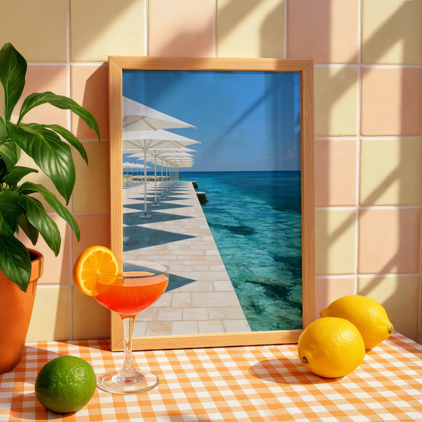 Beach Parasols Symmetry Poster, Mediterranean Seafront, Coastal Wall Art Print