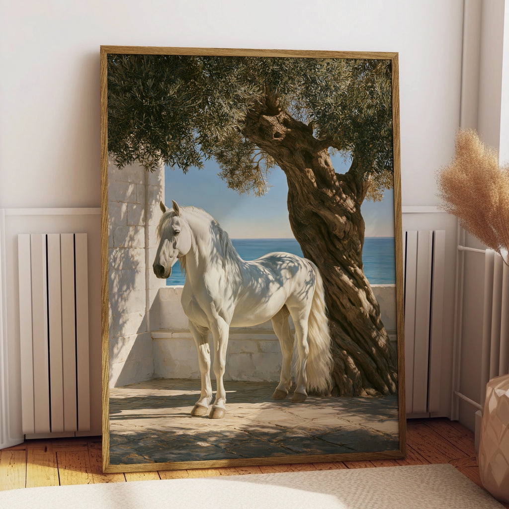 White Stallion Olive Tree Mediterranean Sea Wall Art Poster, Coastal Horse Print
