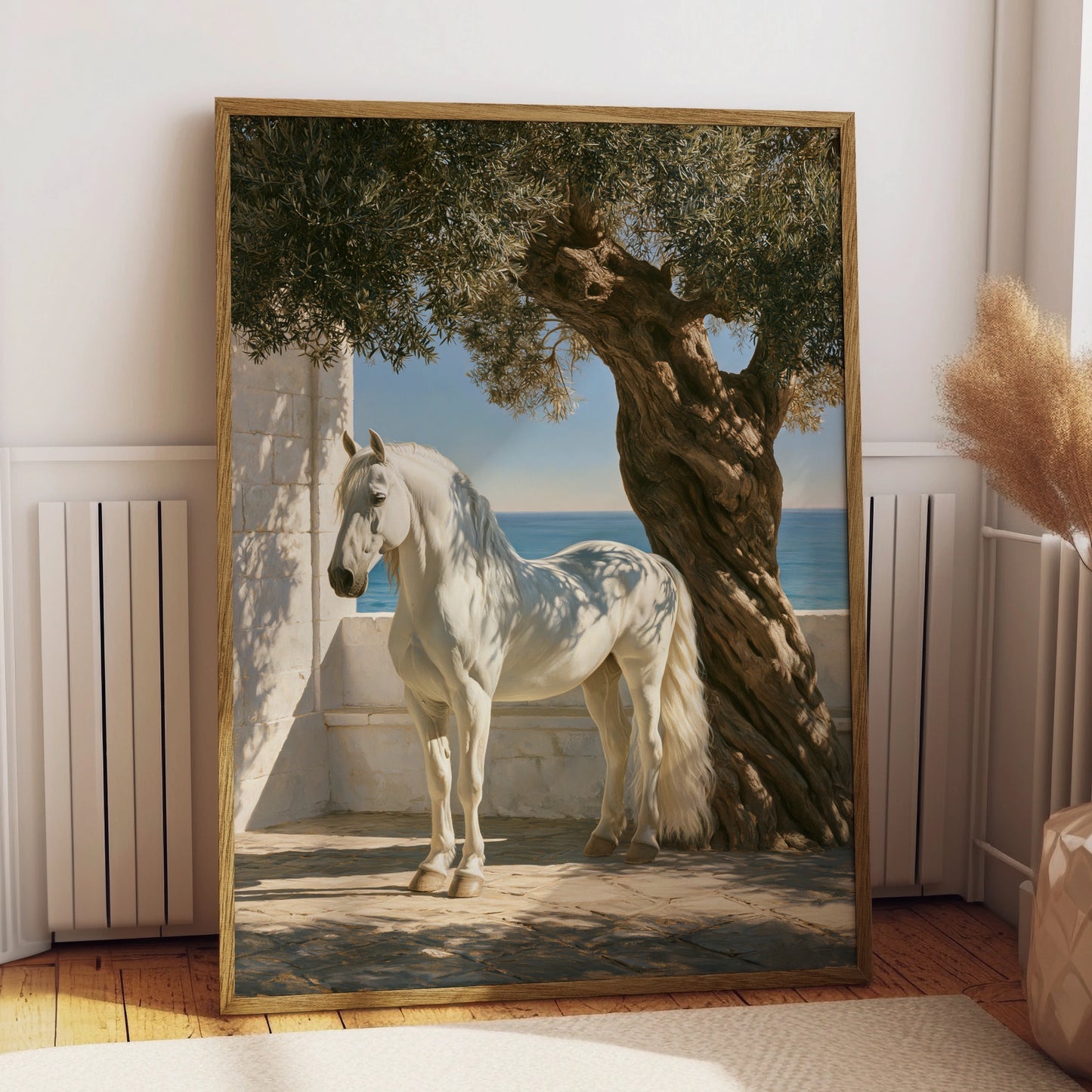 White Stallion Olive Tree Mediterranean Sea Wall Art Poster, Coastal Horse Print