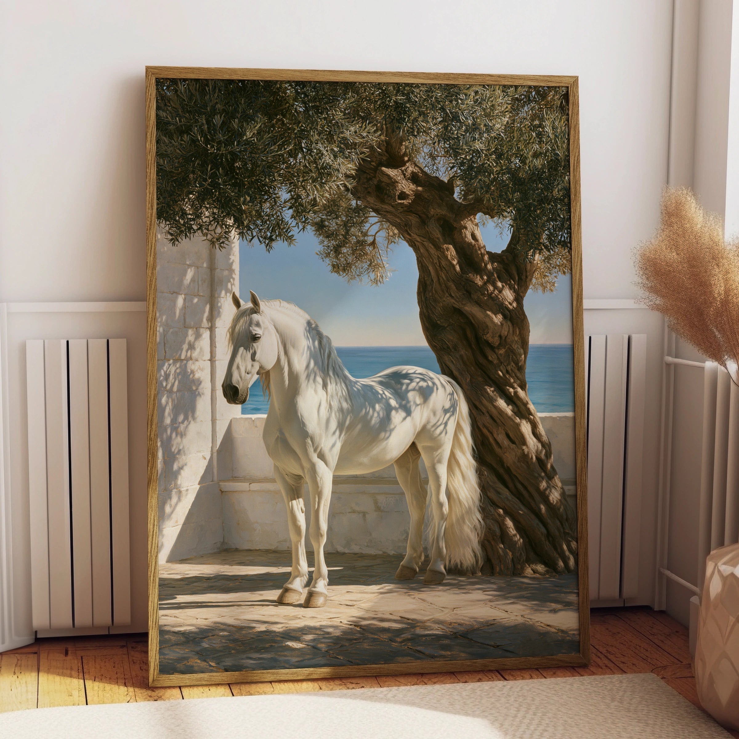 White Stallion Olive Tree Mediterranean Sea Wall Art Poster, Coastal Horse Print