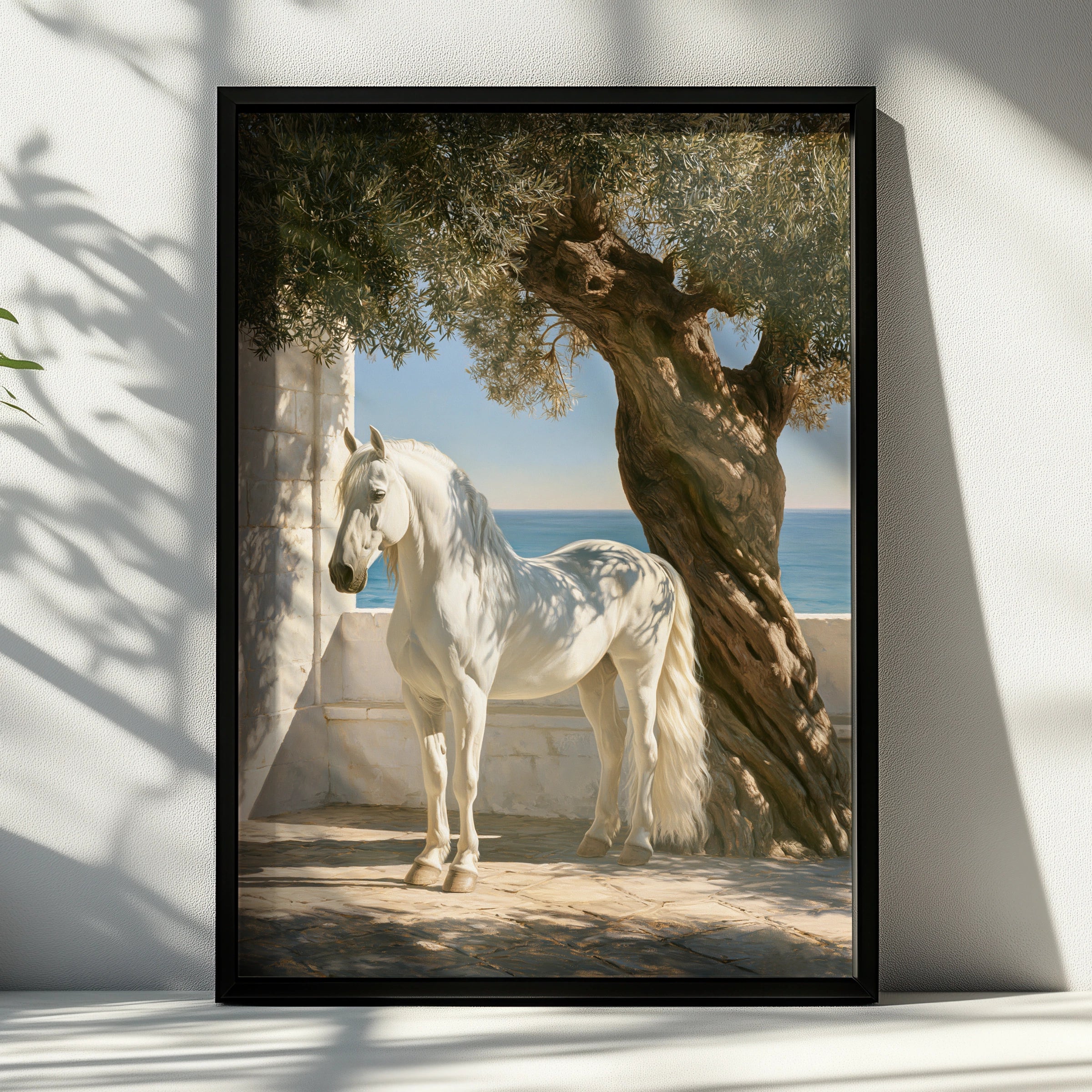 White Stallion Olive Tree Mediterranean Sea Wall Art Poster, Coastal Horse Print