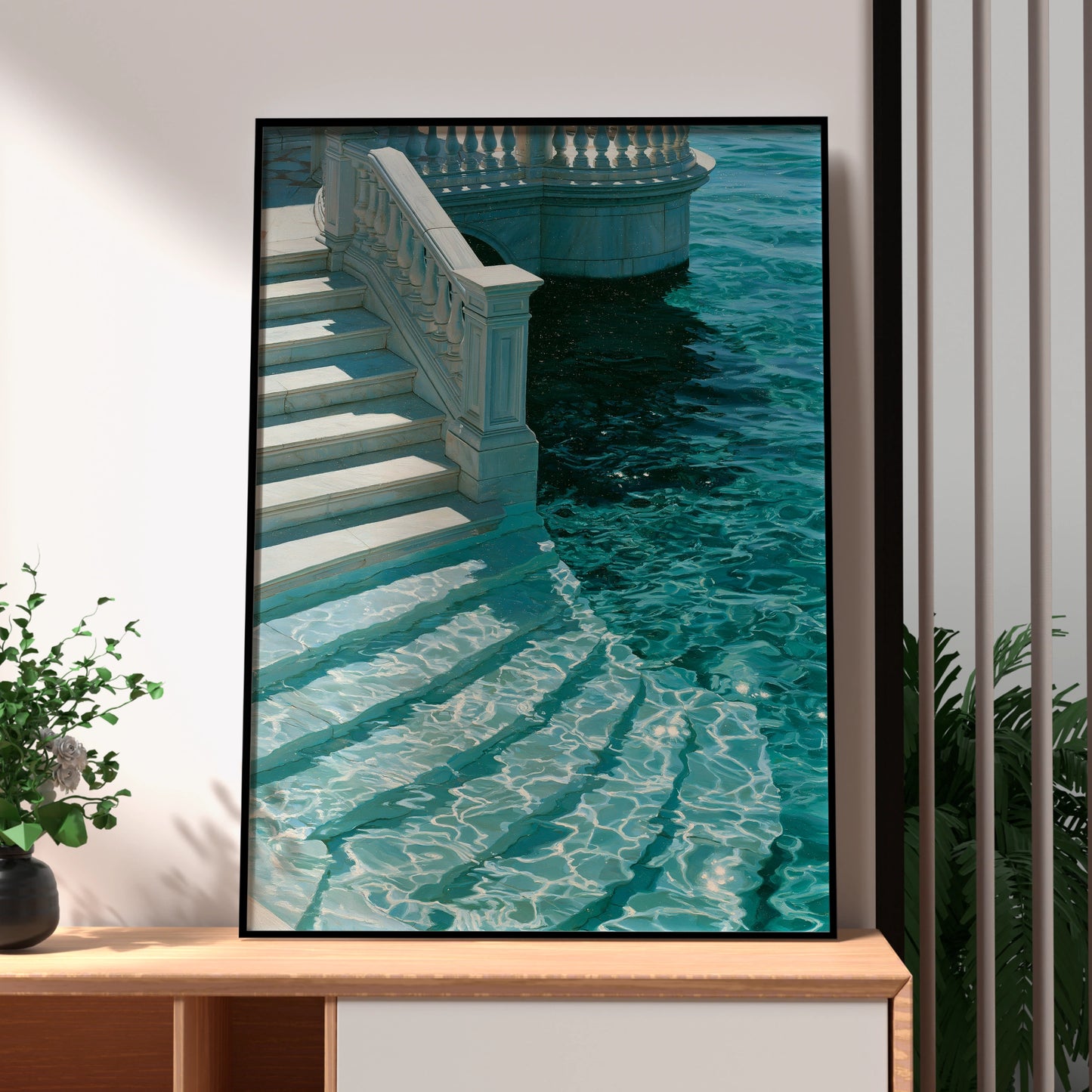 Marble Stairs Water Poster, Teal Venice Canal Wall Art, Classical Architecture Print