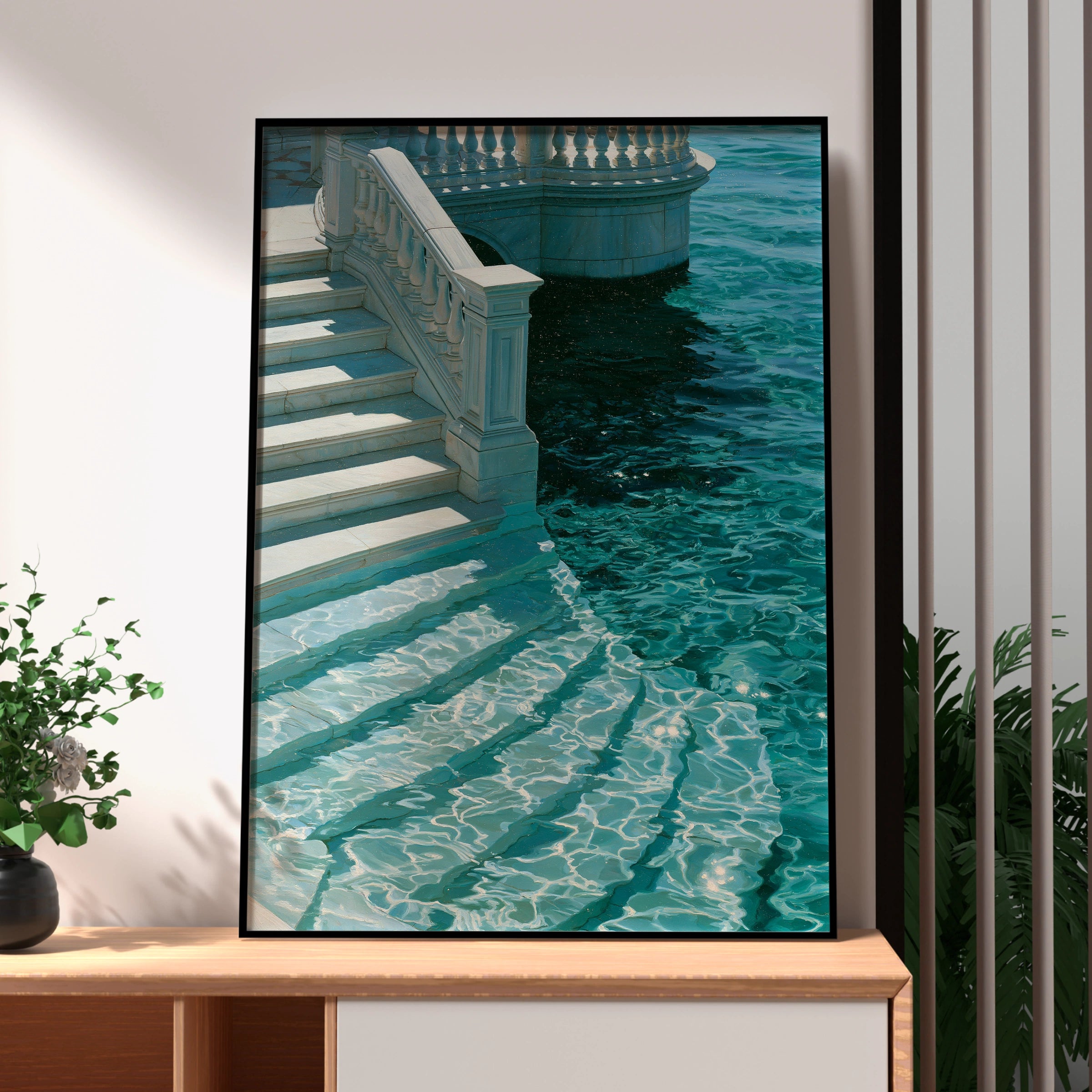 Marble Stairs Water Poster, Teal Venice Canal Wall Art, Classical Architecture Print