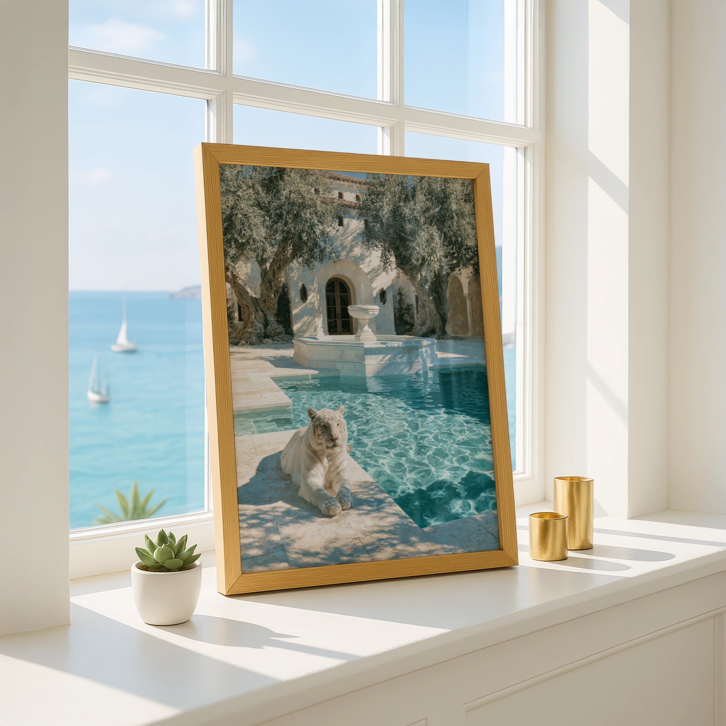 White Tiger by Marble Pool, Mediterranean Villa Poster, Luxury Art Print