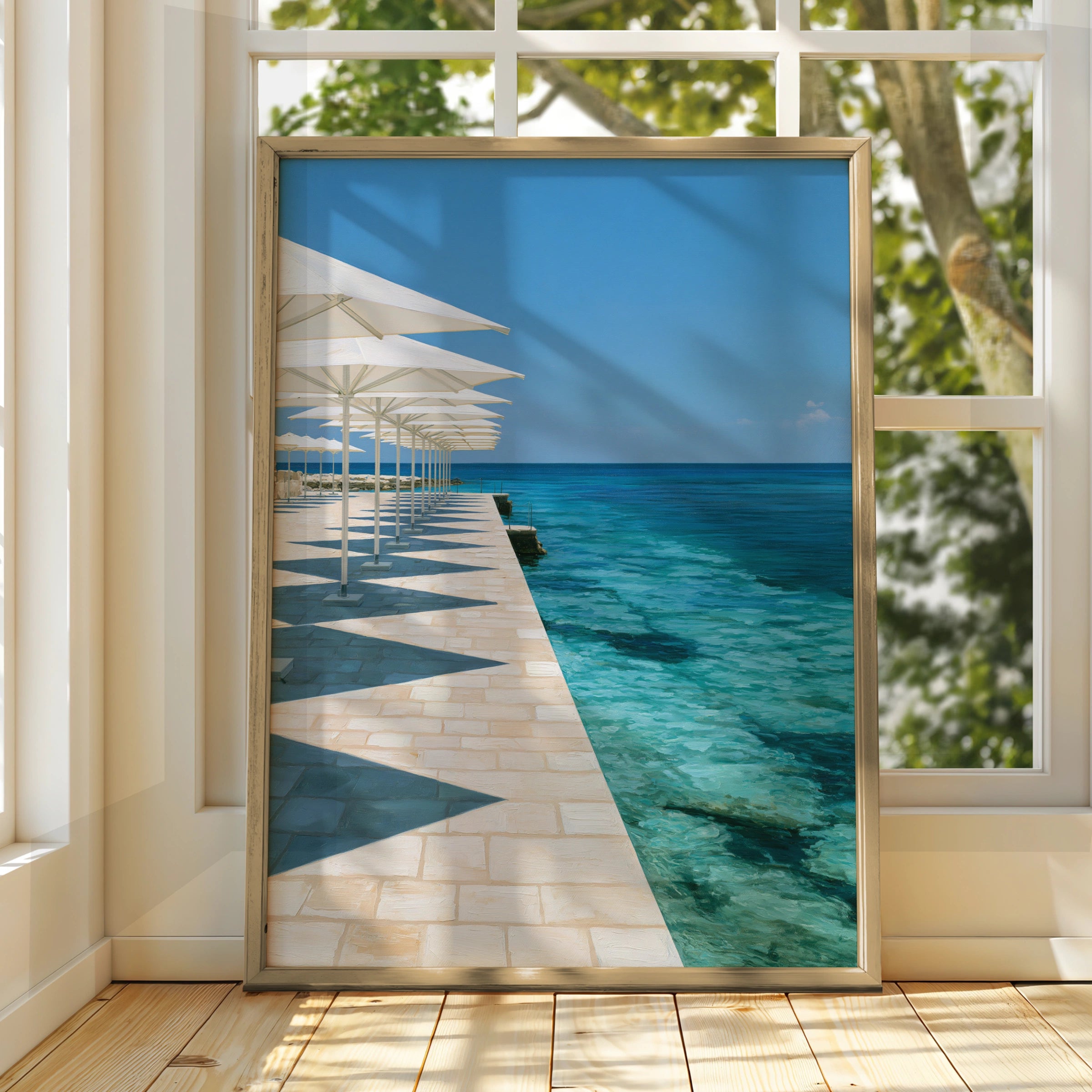 Beach Parasols Symmetry Poster, Mediterranean Seafront, Coastal Wall Art Print