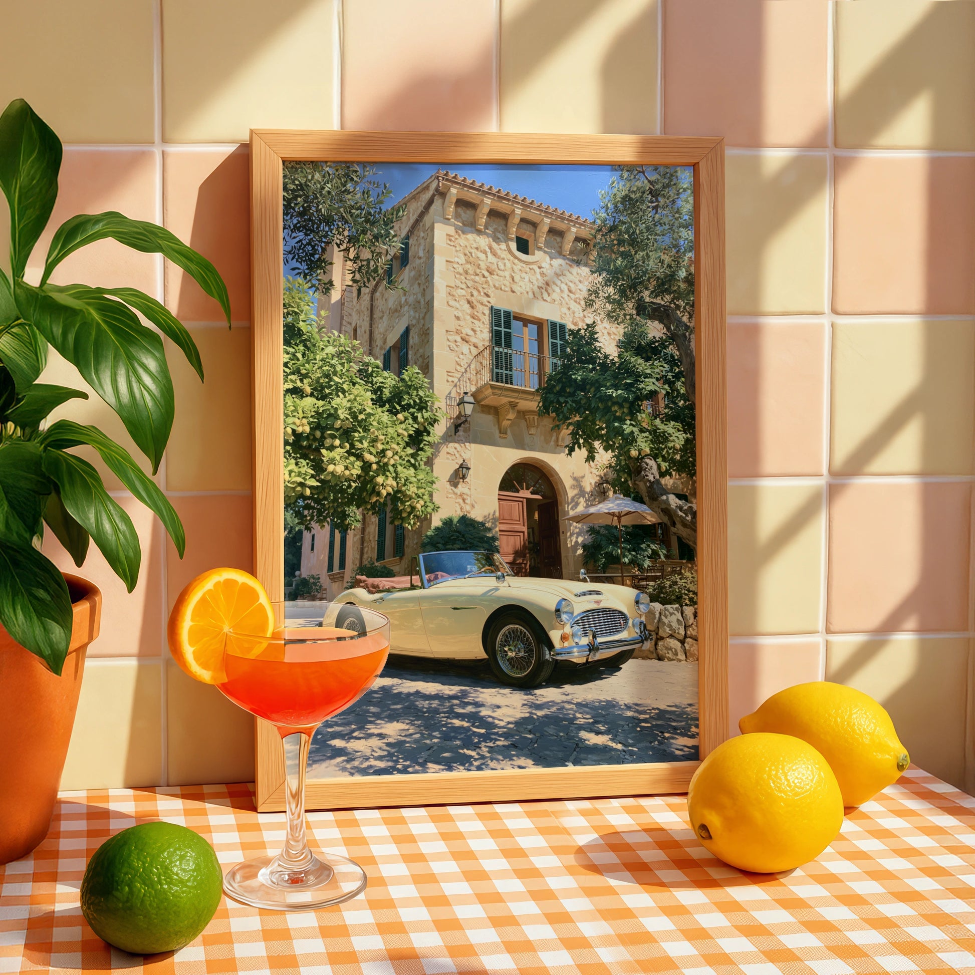 Classic Car Mediterranean Villa Poster, Vintage Convertible Art Print, Retro