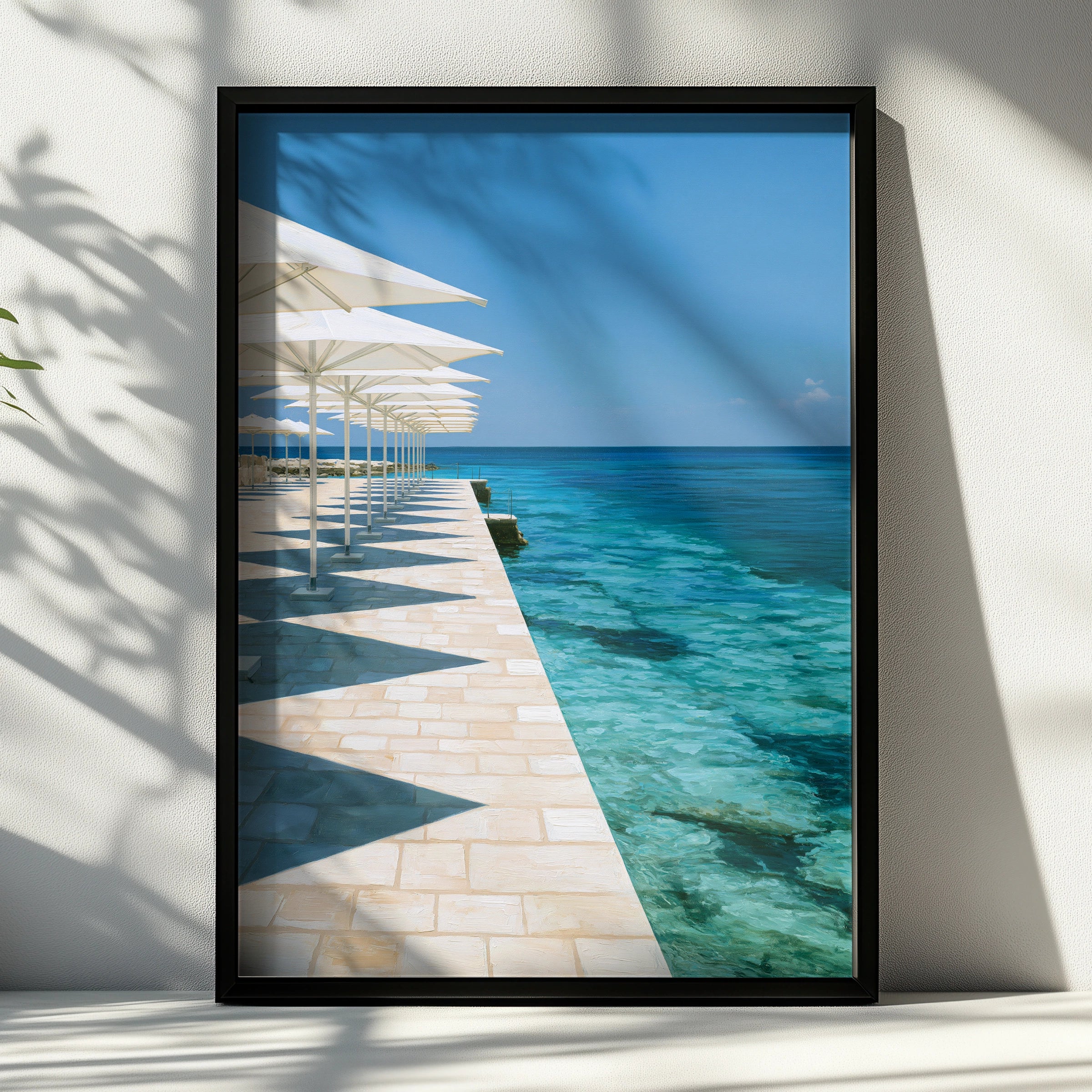 Beach Parasols Symmetry Poster, Mediterranean Seafront, Coastal Wall Art Print