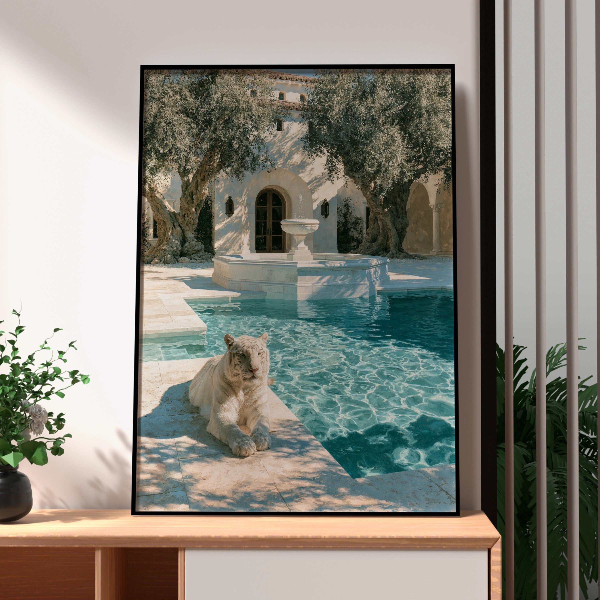 White Tiger by Marble Pool, Mediterranean Villa Poster, Luxury Art Print