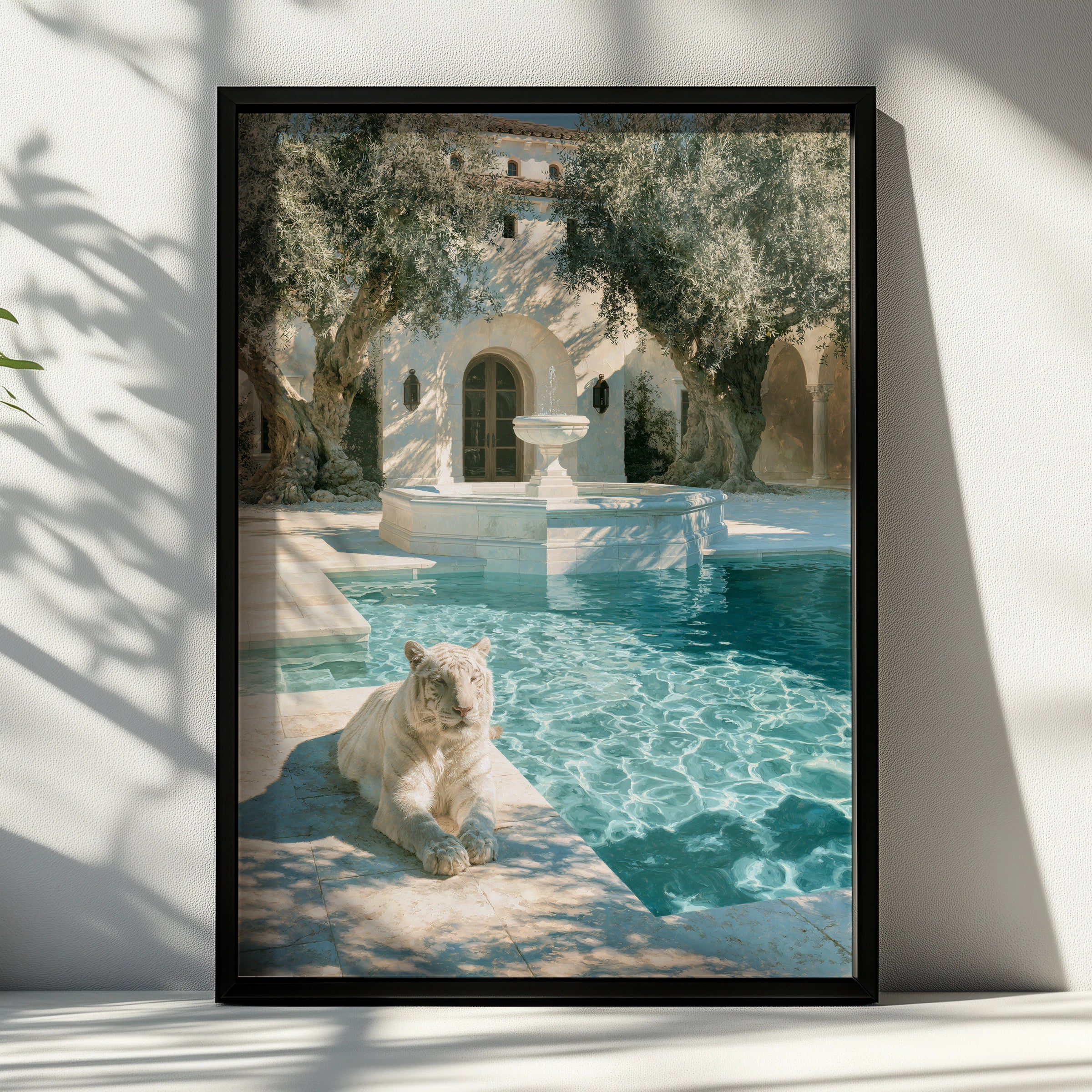 White Tiger by Marble Pool, Mediterranean Villa Poster, Luxury Art Print