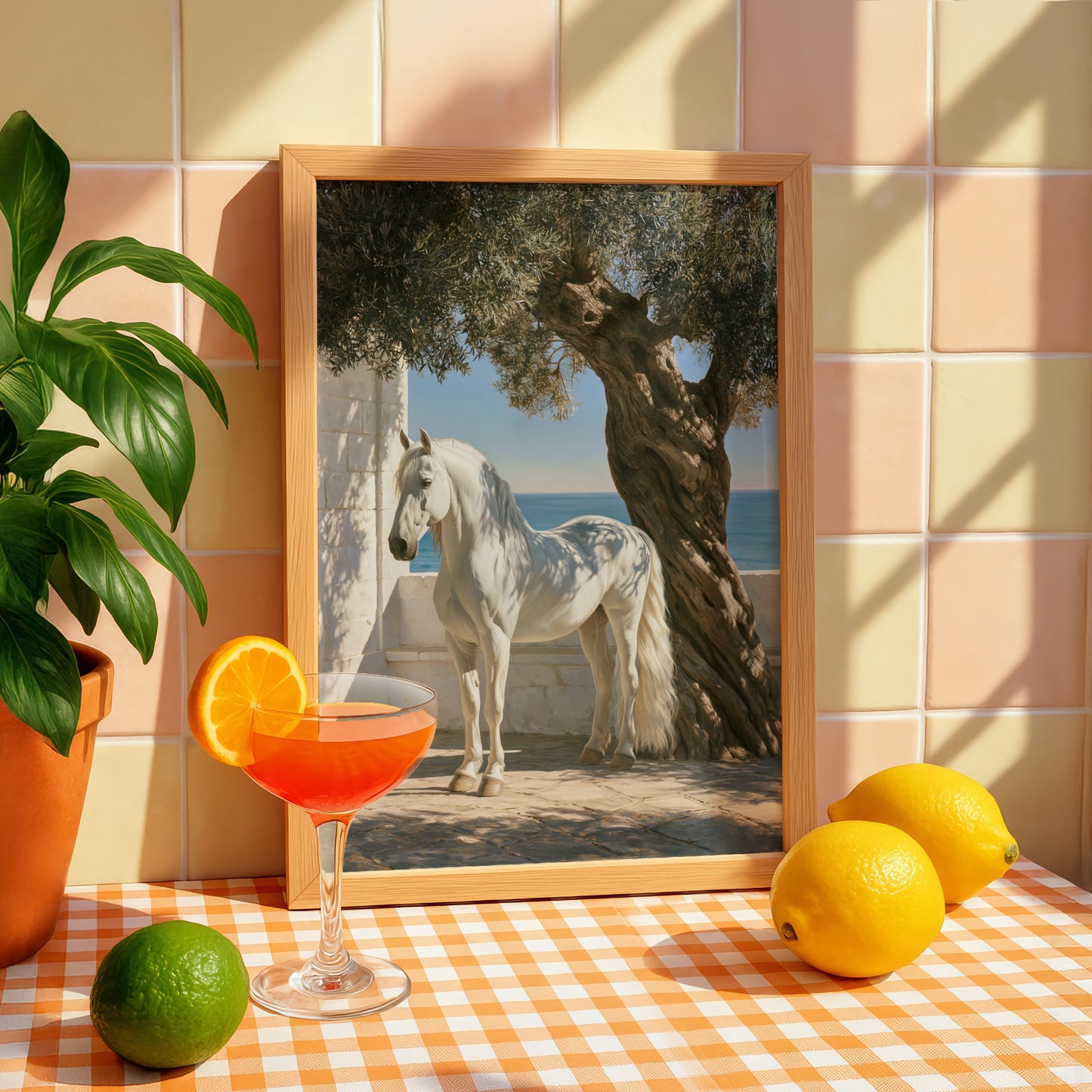 White Stallion Olive Tree Mediterranean Sea Wall Art Poster, Coastal Horse Print