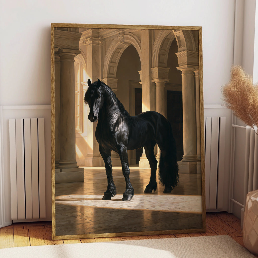 Black Stallion Grand Hall Poster, Friesian Horse Art, Dramatic Equine Print