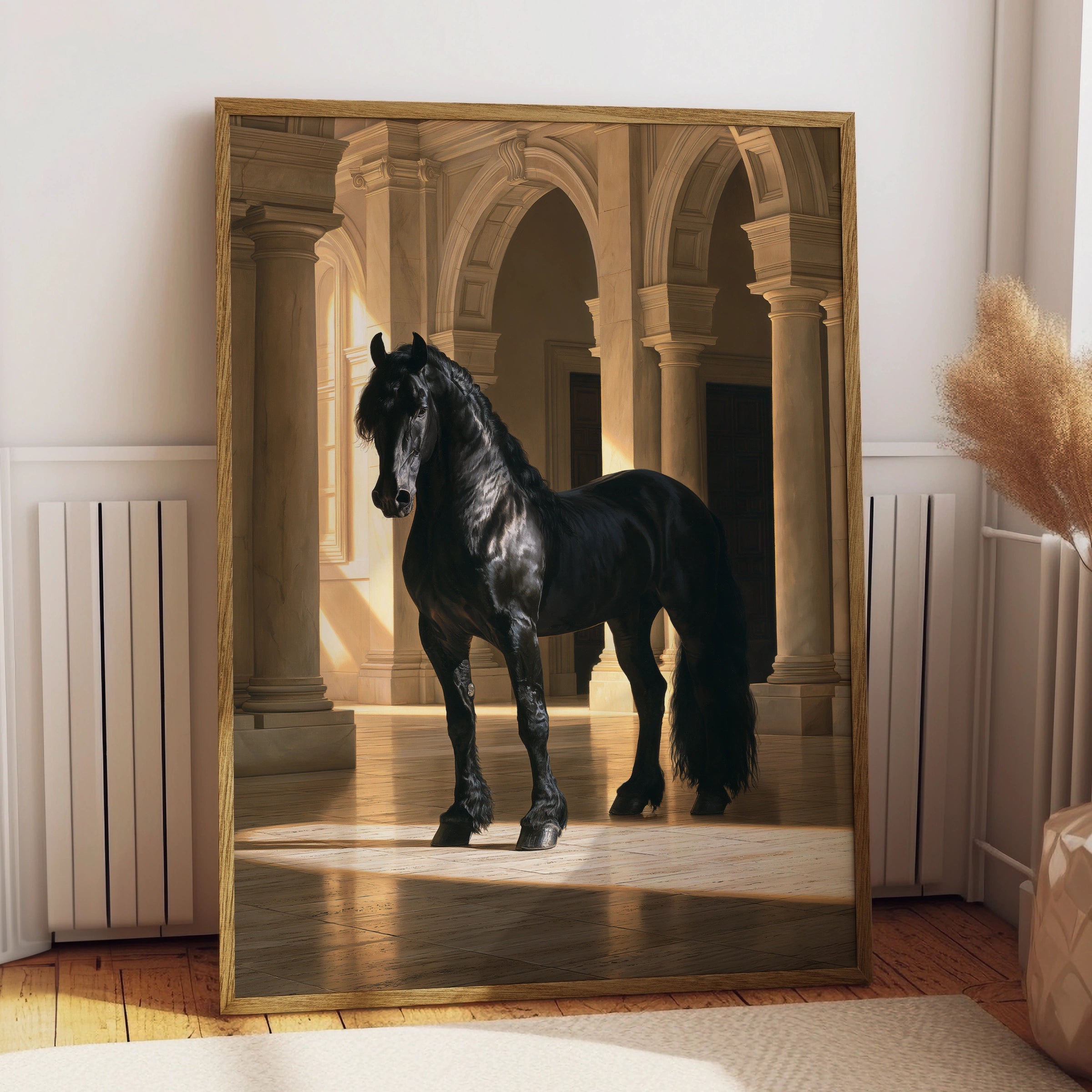 Black Stallion Grand Hall Poster, Friesian Horse Art, Dramatic Equine Print