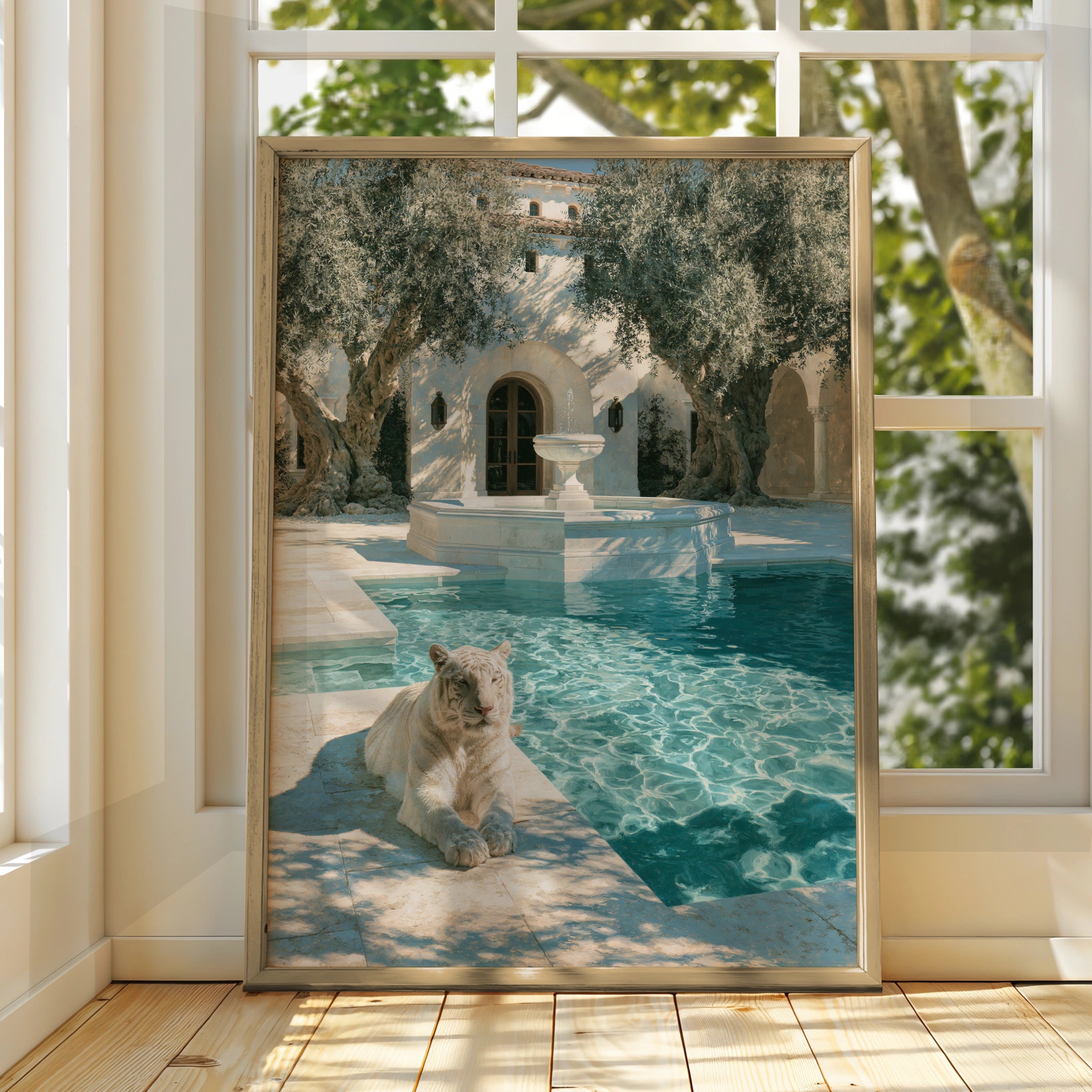 White Tiger by Marble Pool, Mediterranean Villa Poster, Luxury Art Print