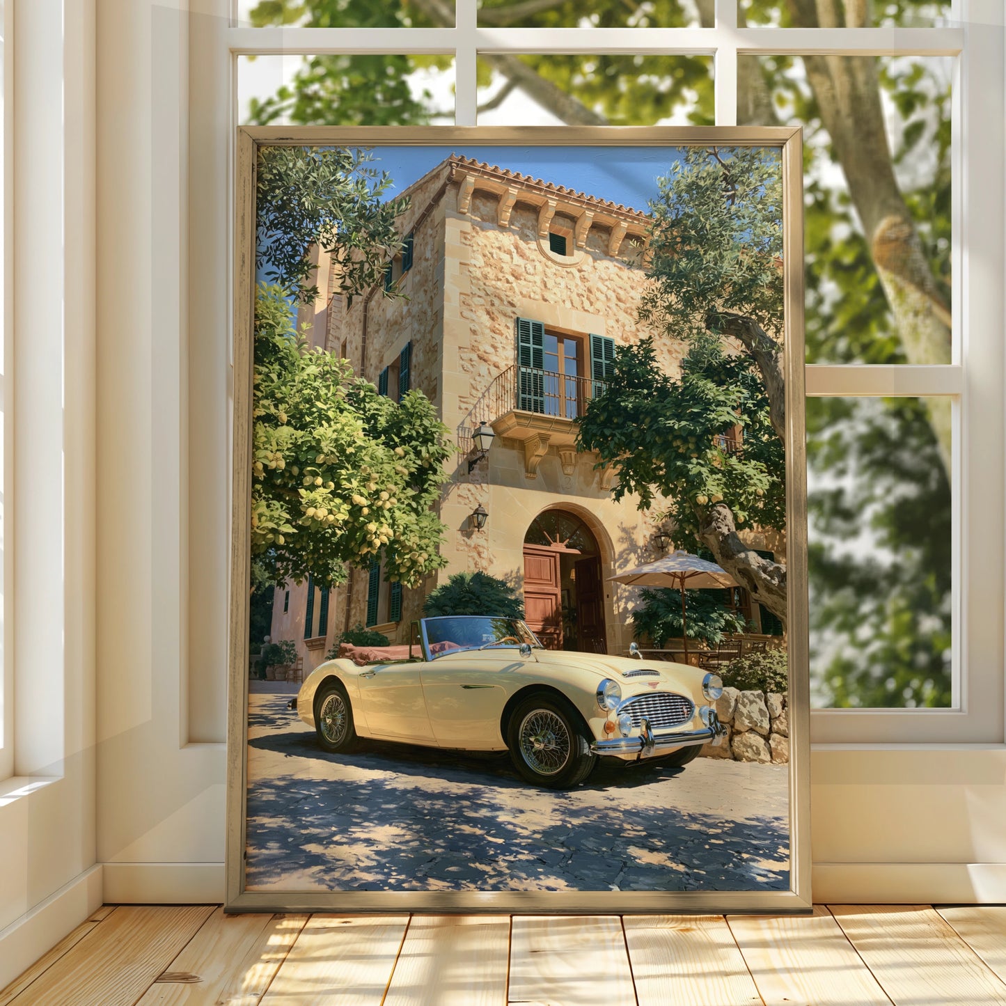 Classic Car Mediterranean Villa Poster, Vintage Convertible Art Print, Retro