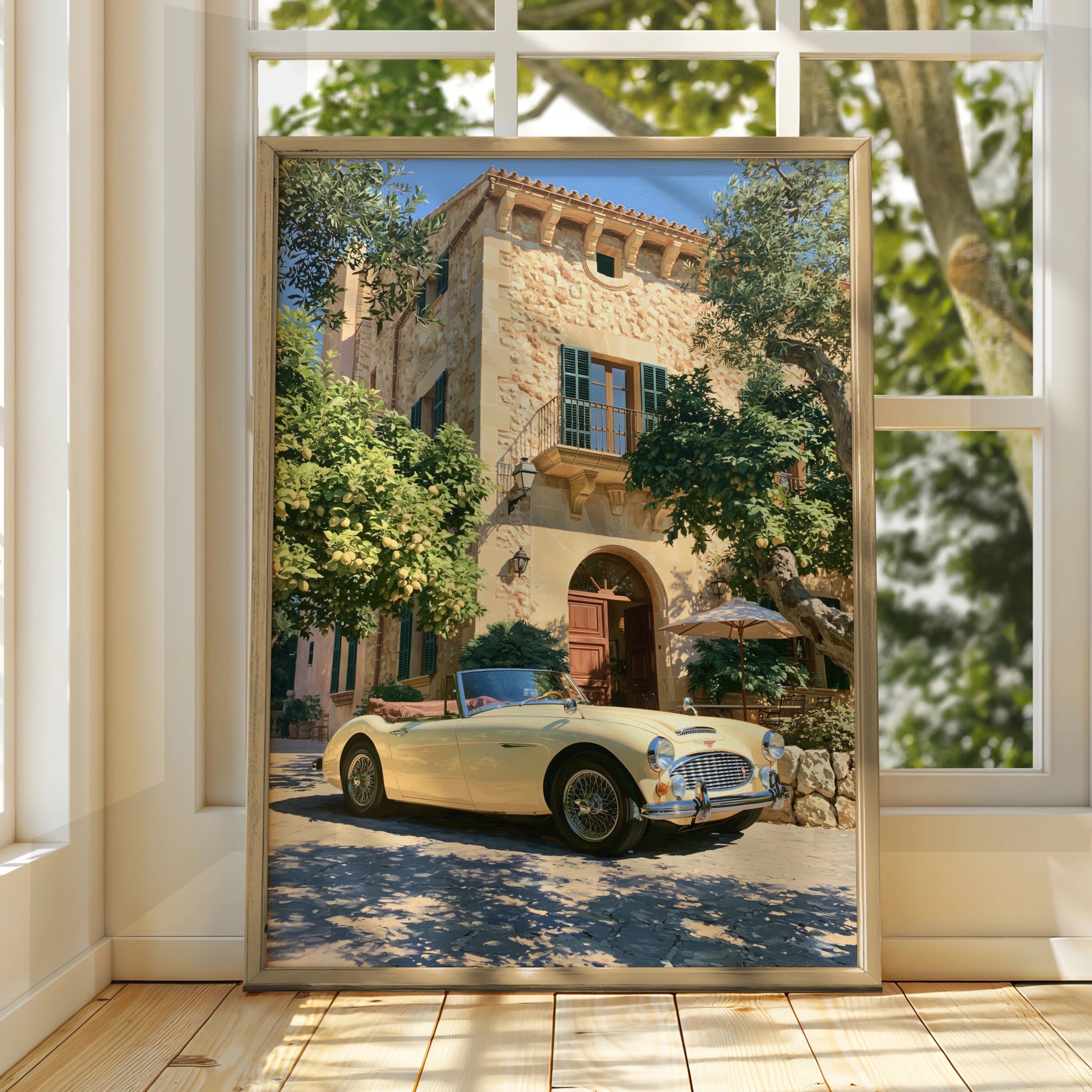 Classic Car Mediterranean Villa Poster, Vintage Convertible Art Print, Retro