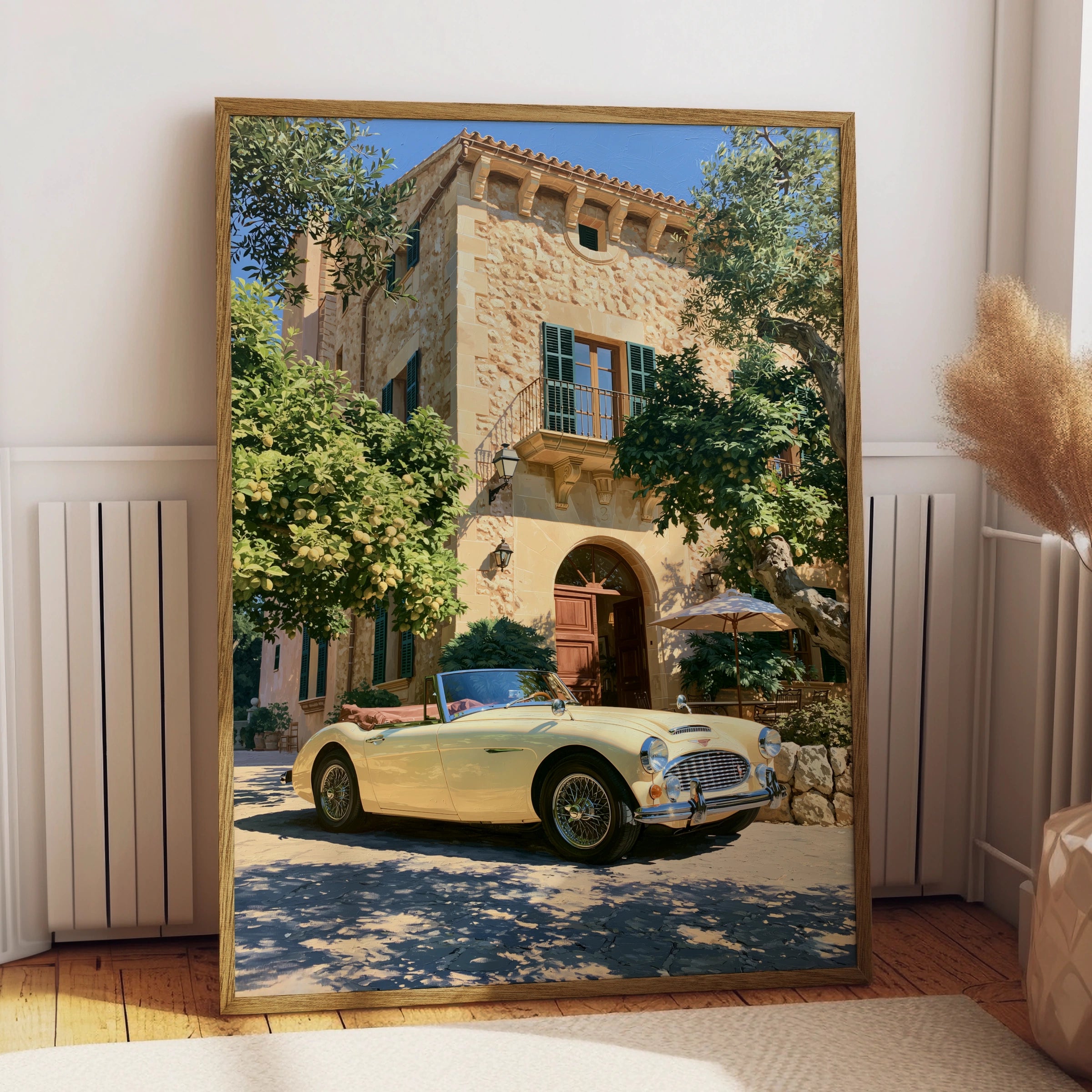 Classic Car Mediterranean Villa Poster, Vintage Convertible Art Print, Retro